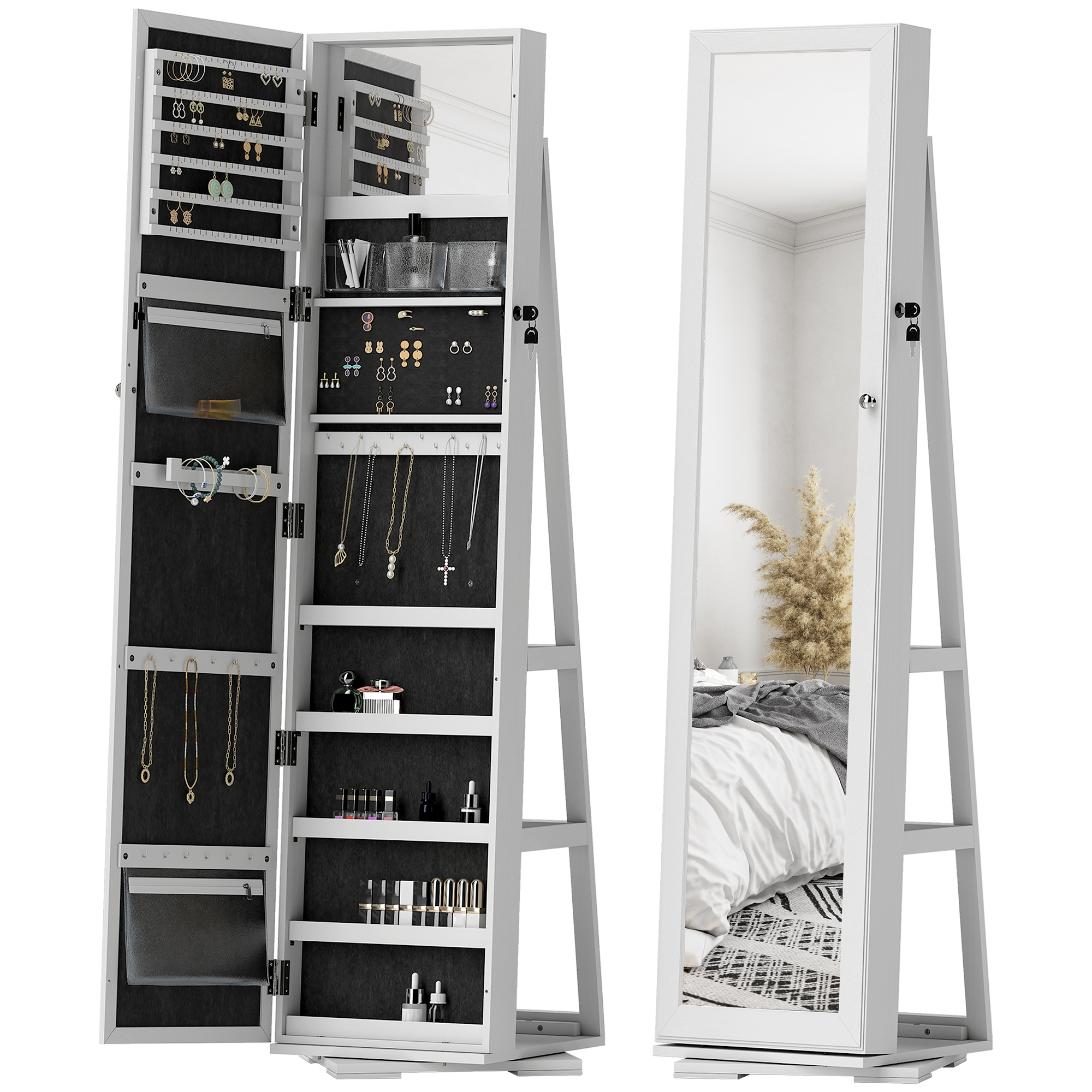 Image of HOMCOM Specchio Portagioie, Specchio da Terra Girevole, Specchio Moderno per Camera da Letto in Legno Bianco con 2 Chiavi Aosom006
