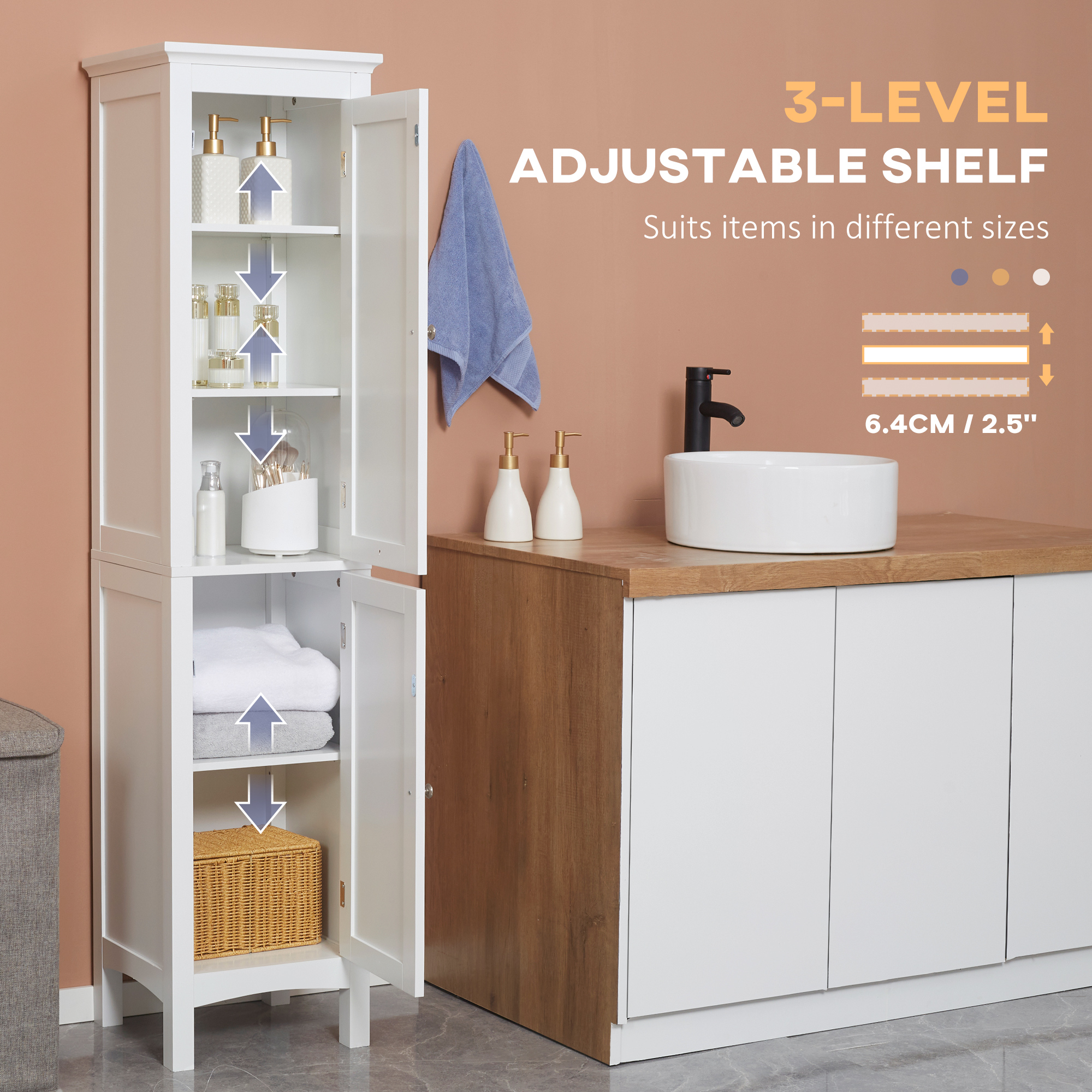 kleankin Tall Bathroom Storage Unit, Slim Bathroom Cabinet with Adjustable Shelves and Double Door, White 6