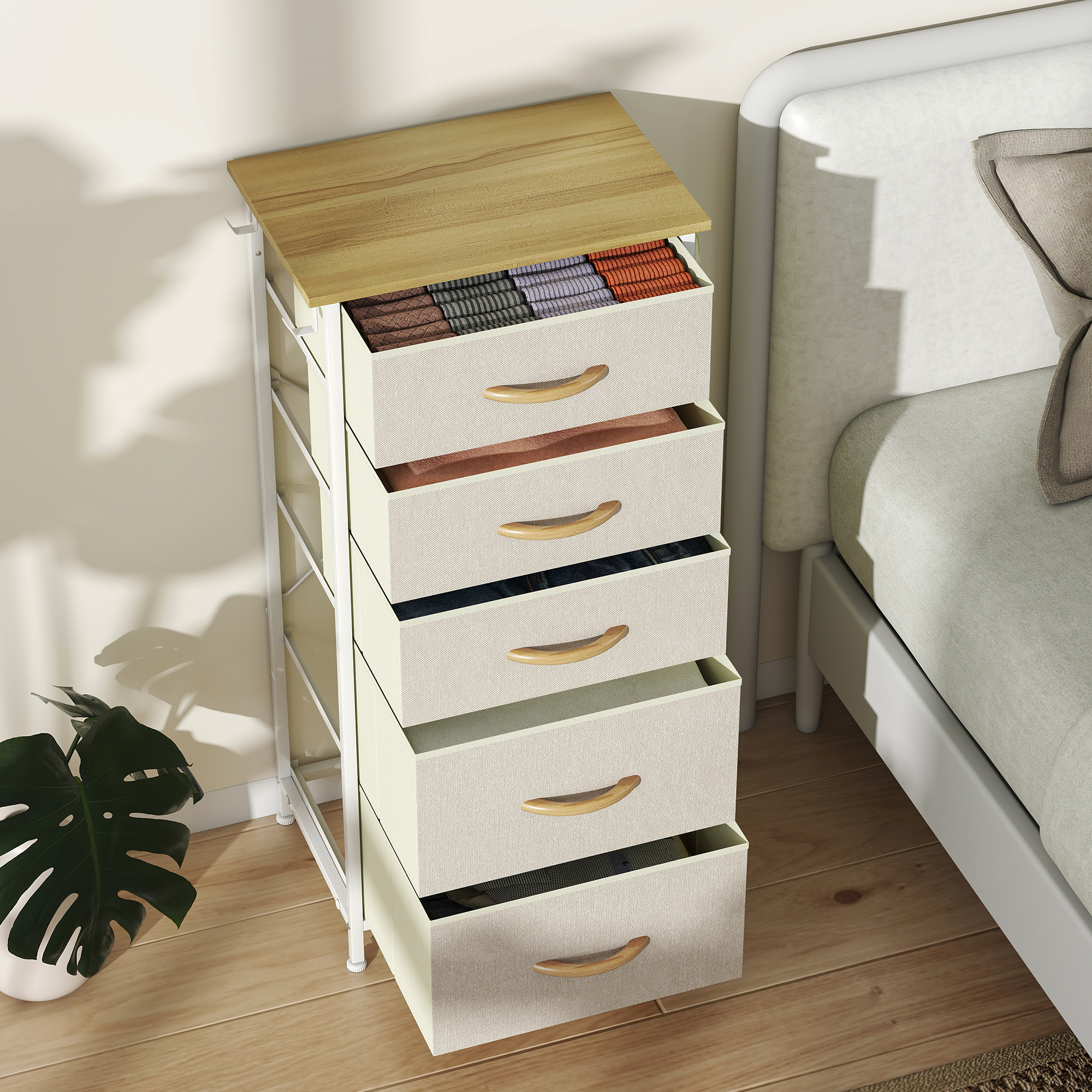 HOMCOM Chest of Five Fabric Drawers Beige 8