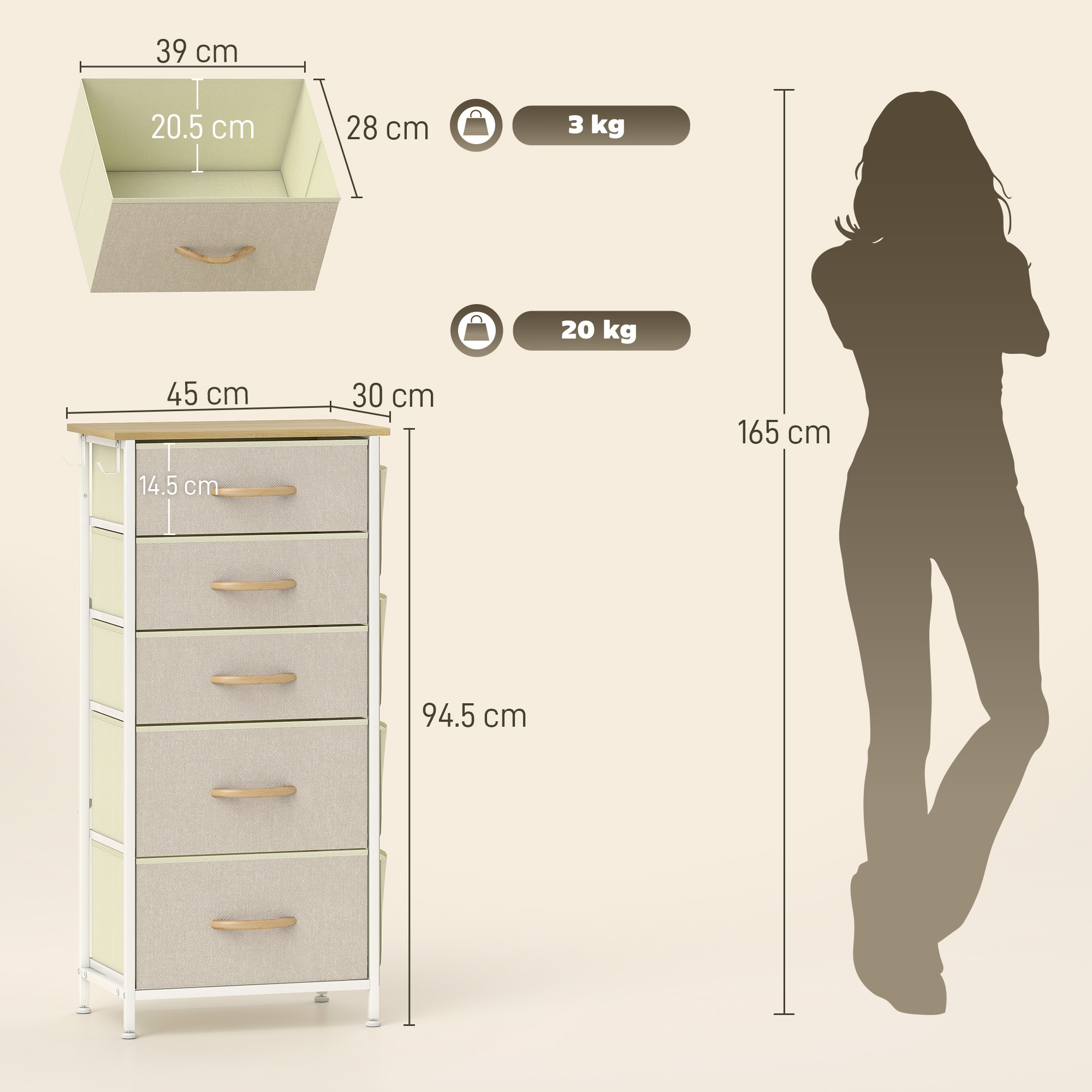 HOMCOM Chest of Five Fabric Drawers Beige 3