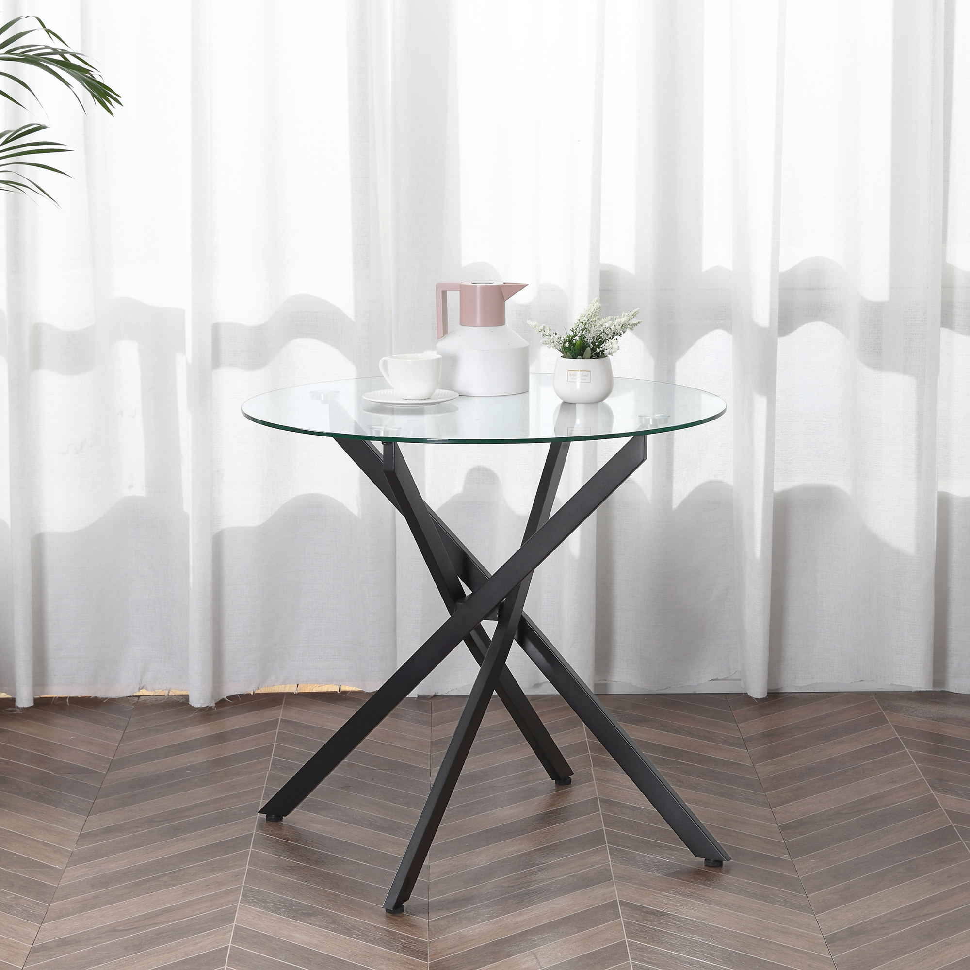 Moodne klaasist söögilaud, läbimõõduga 80 cm, köögilaud karastatud klaasist pealispinna ja metalljalgadega, 4 inimesele