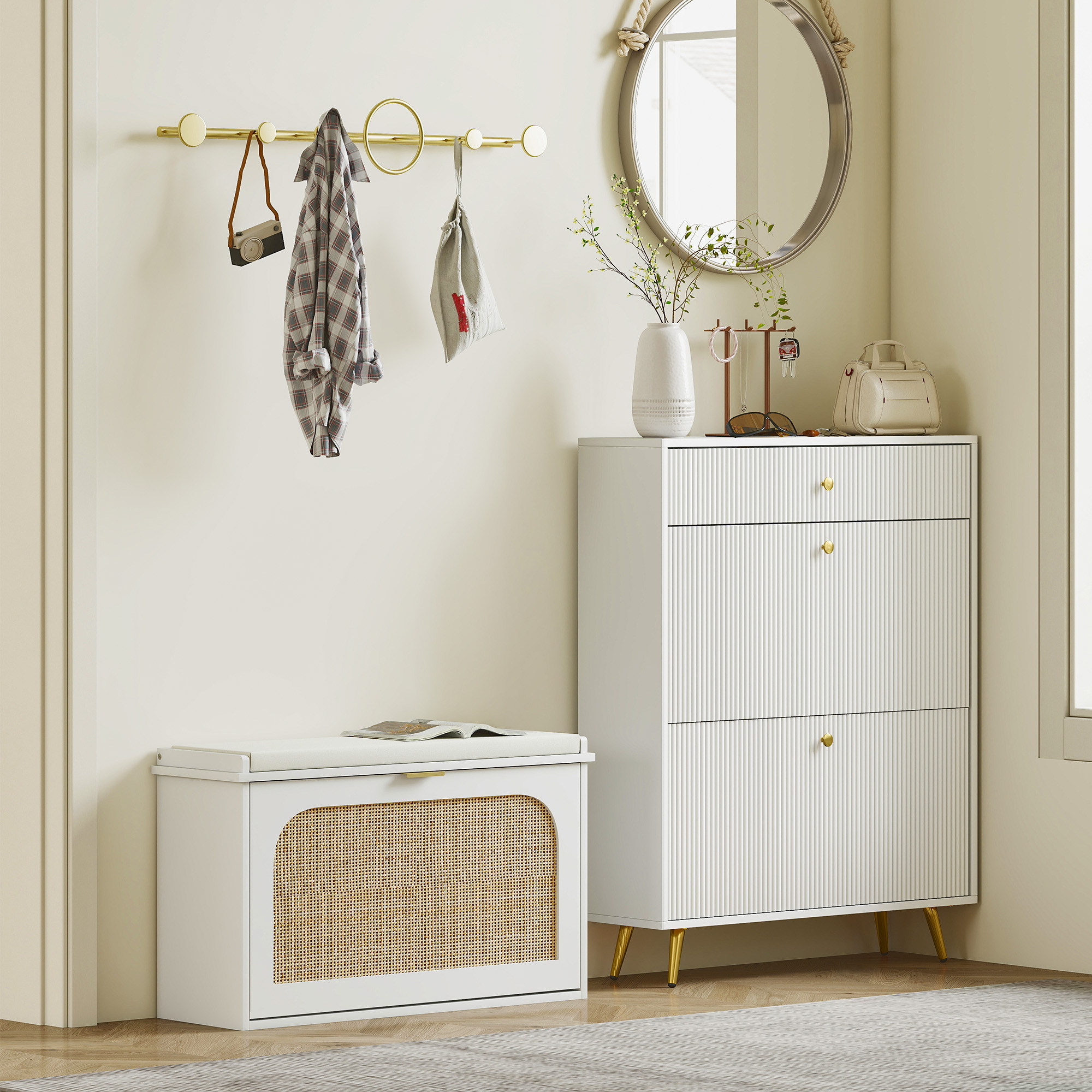 Scarpiera Con 2 Cassetti Ribaltabili In Rattan – Sottile, Con Ripiani Regolabili, Colore Bianco – Per Ingresso, Corridoio, Risparmio Spazio - 4