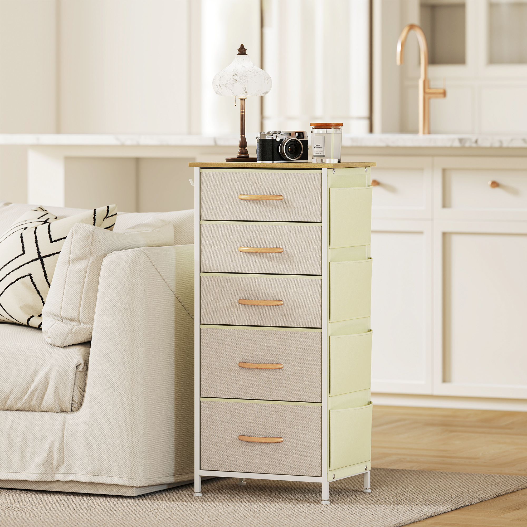 HOMCOM Chest of Five Fabric Drawers Beige 9