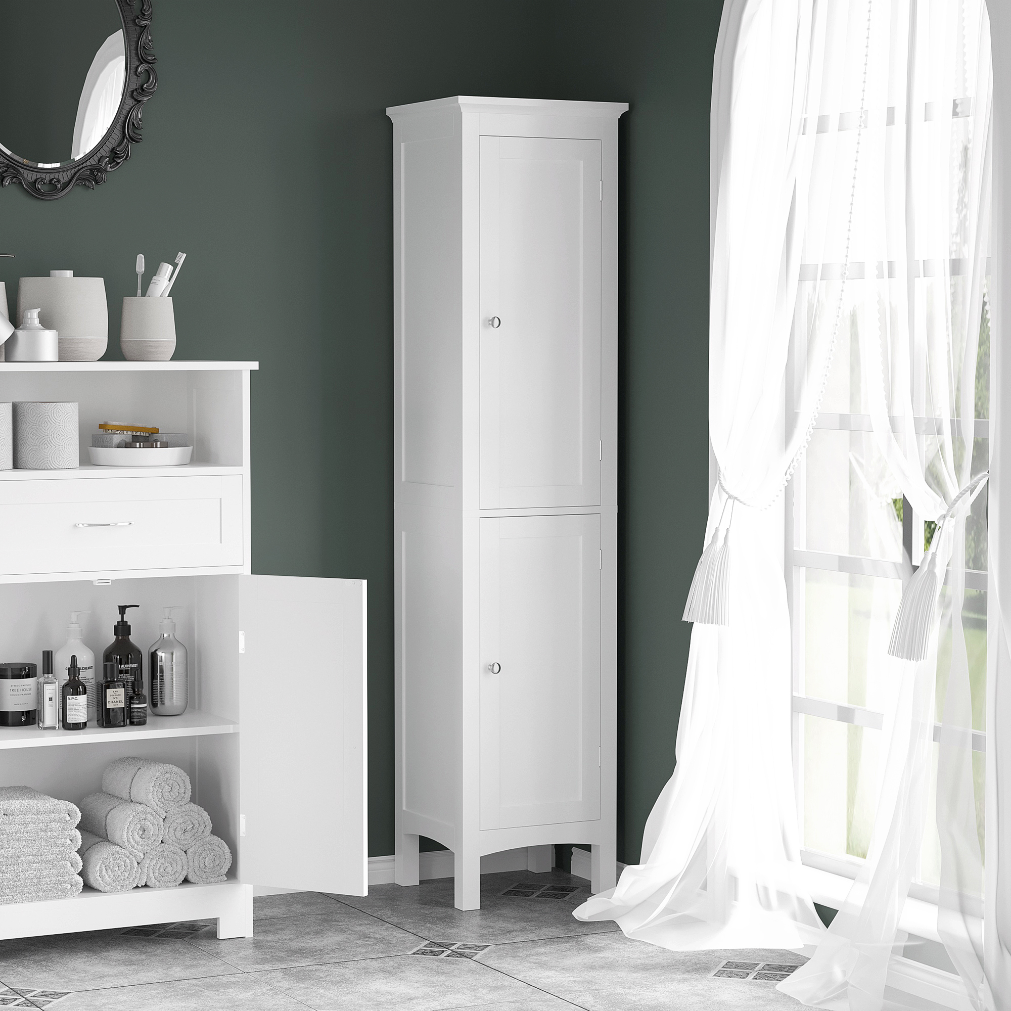 kleankin Tall Bathroom Storage Unit, Slim Bathroom Cabinet with Adjustable Shelves and Double Door, White 2