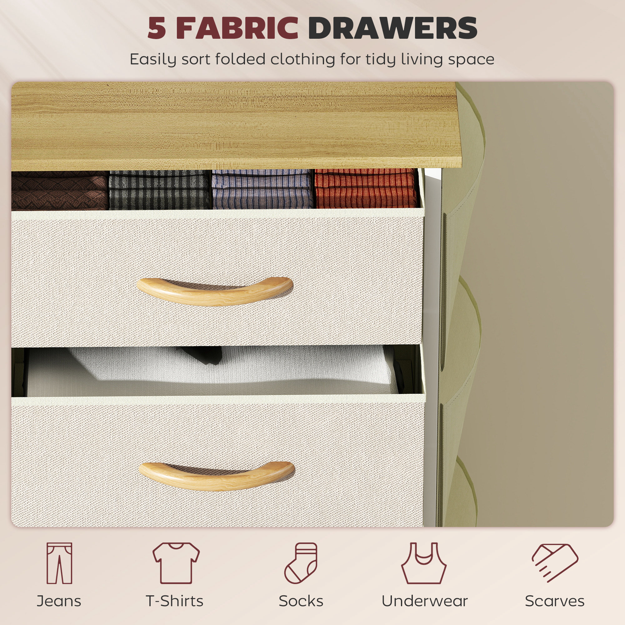 HOMCOM Chest of Five Fabric Drawers Beige 4