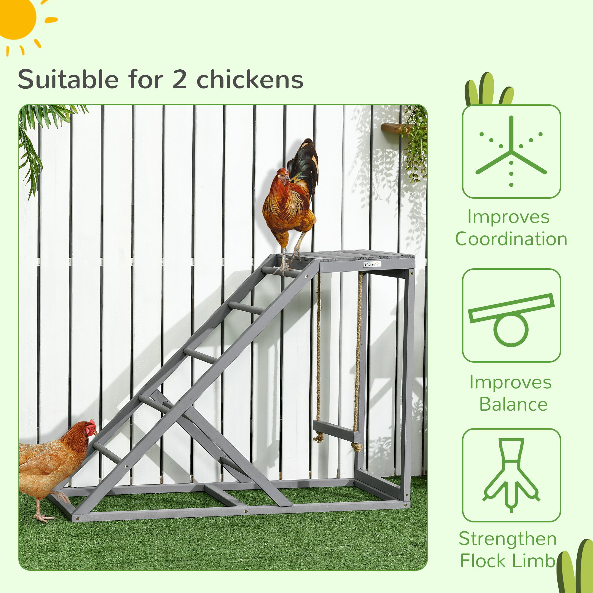 PawHut Wooden Chicken Coop Toy with Swing, Ladder, Platform, Grey 7