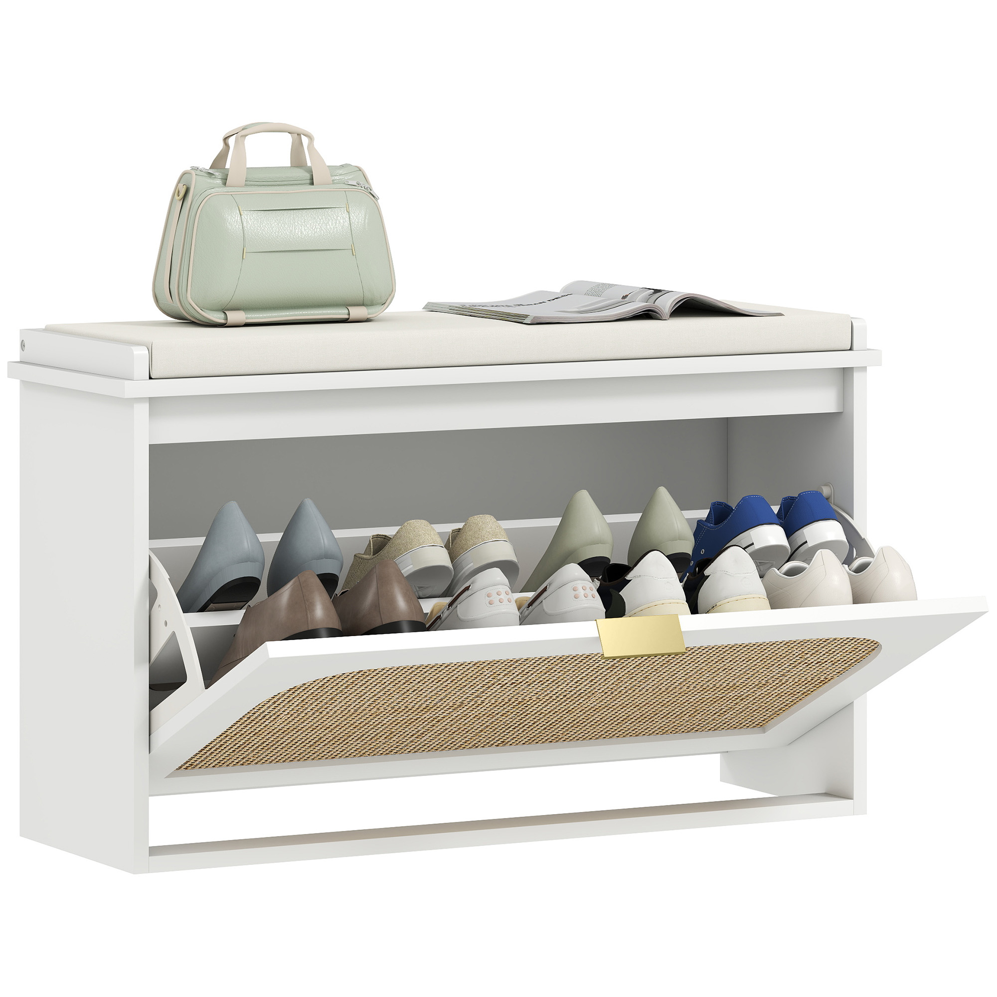 Image of HOMCOM Panca Scarpiera con Seduta Imbottita da Ingresso, Design a Ribalta, in Rattan, 180x26x47,5 cm, Bianco Aosom Italy006