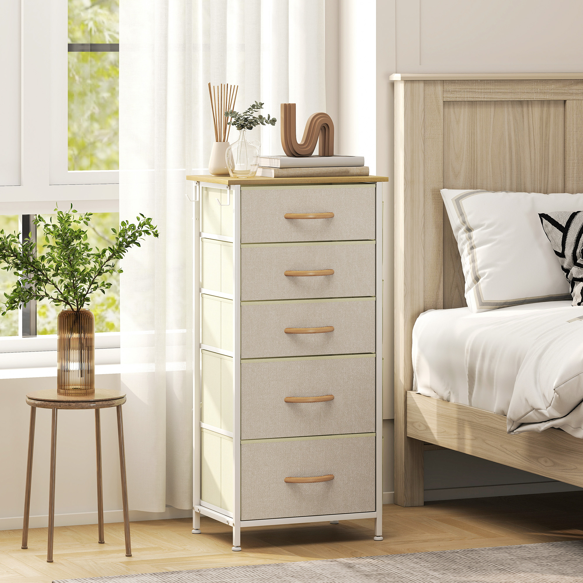 HOMCOM Chest of Five Fabric Drawers Beige 2