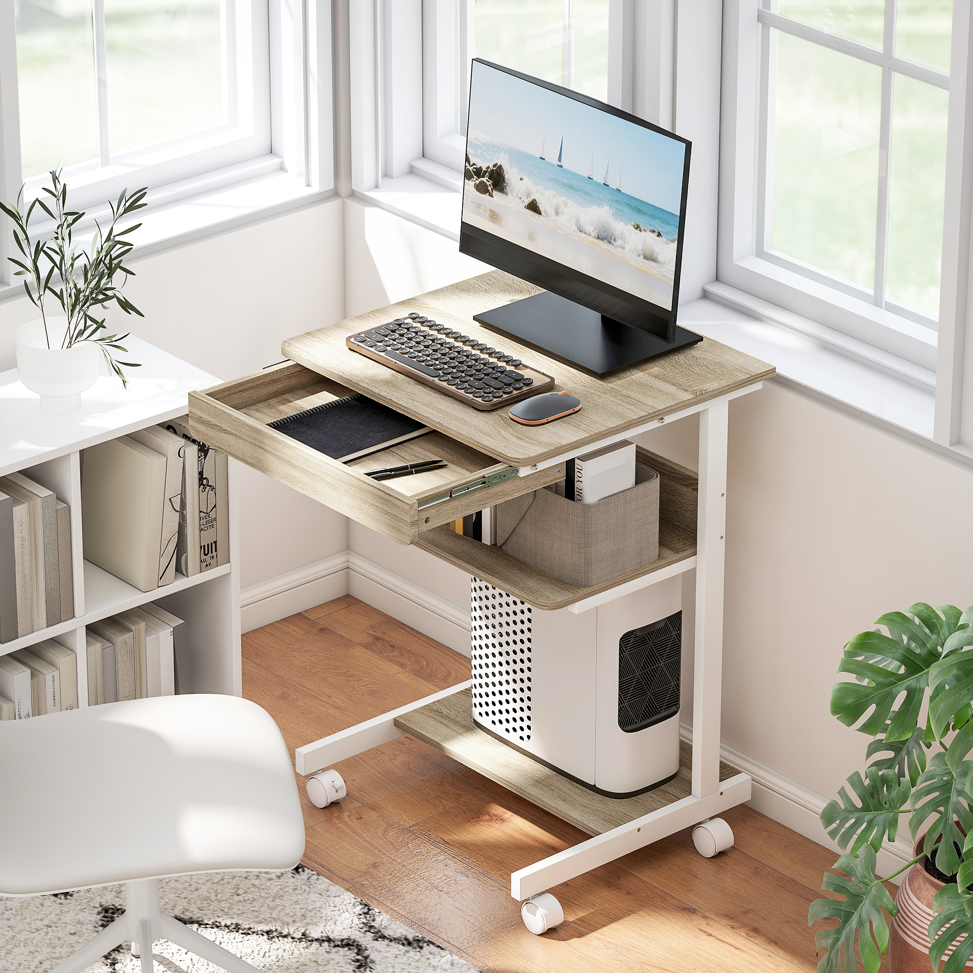 HOMCOM Schreibtisch mit Rollen Computertisch platzsparender Bürotisch mit C günstig online kaufen