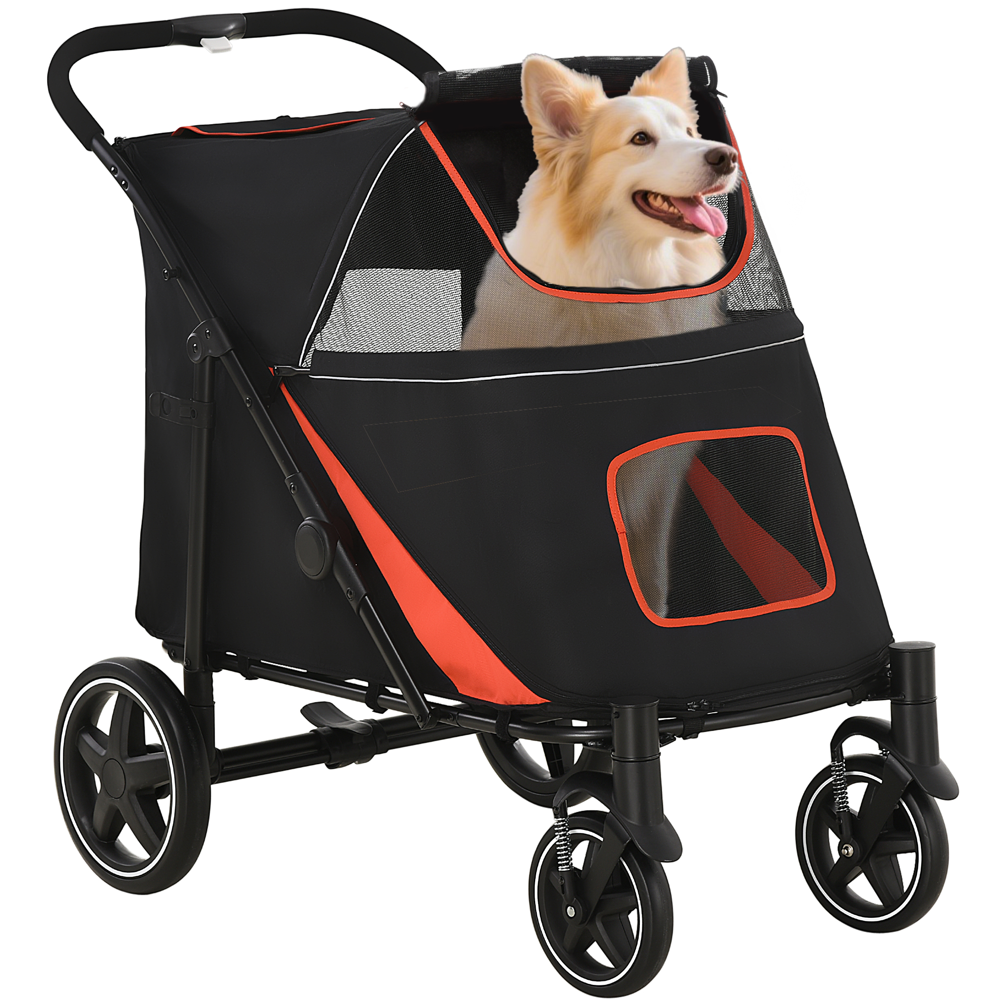 Pawhut Carucior Pliabil Pentru Caini Cu 4 Roti, Intrari Cu Fermoar Si Ferestre Din Plasa, 112x65x100 Cm, Negru | Aosom Romania