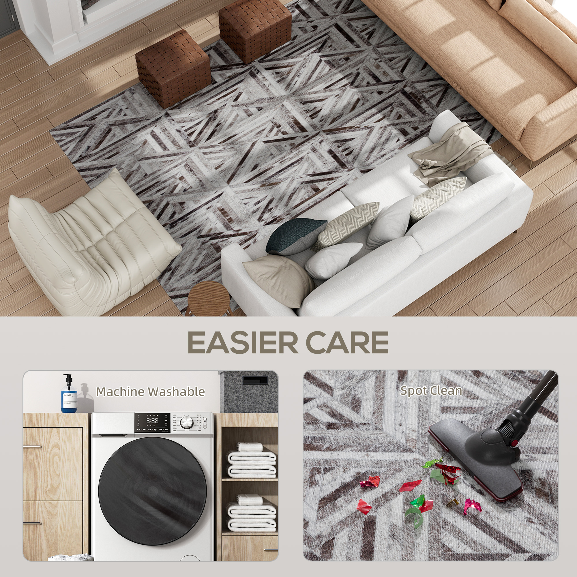 HOMCOM Modern Area Rug, Triangle Pattern Non-Slip Washable Rug, Chenille Floor Carpet for Living Room, Bedroom, Dining Room, Home Office, 290 x 200 cm, Brown 5