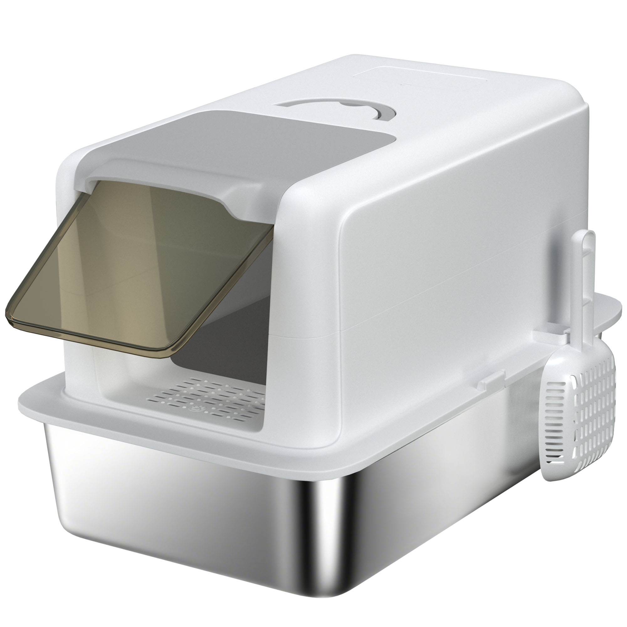 PawHut Stainless Steel Cat Litter Box with Removable Lid, Scoop, Filter Bags, for Larger Cats, Grey