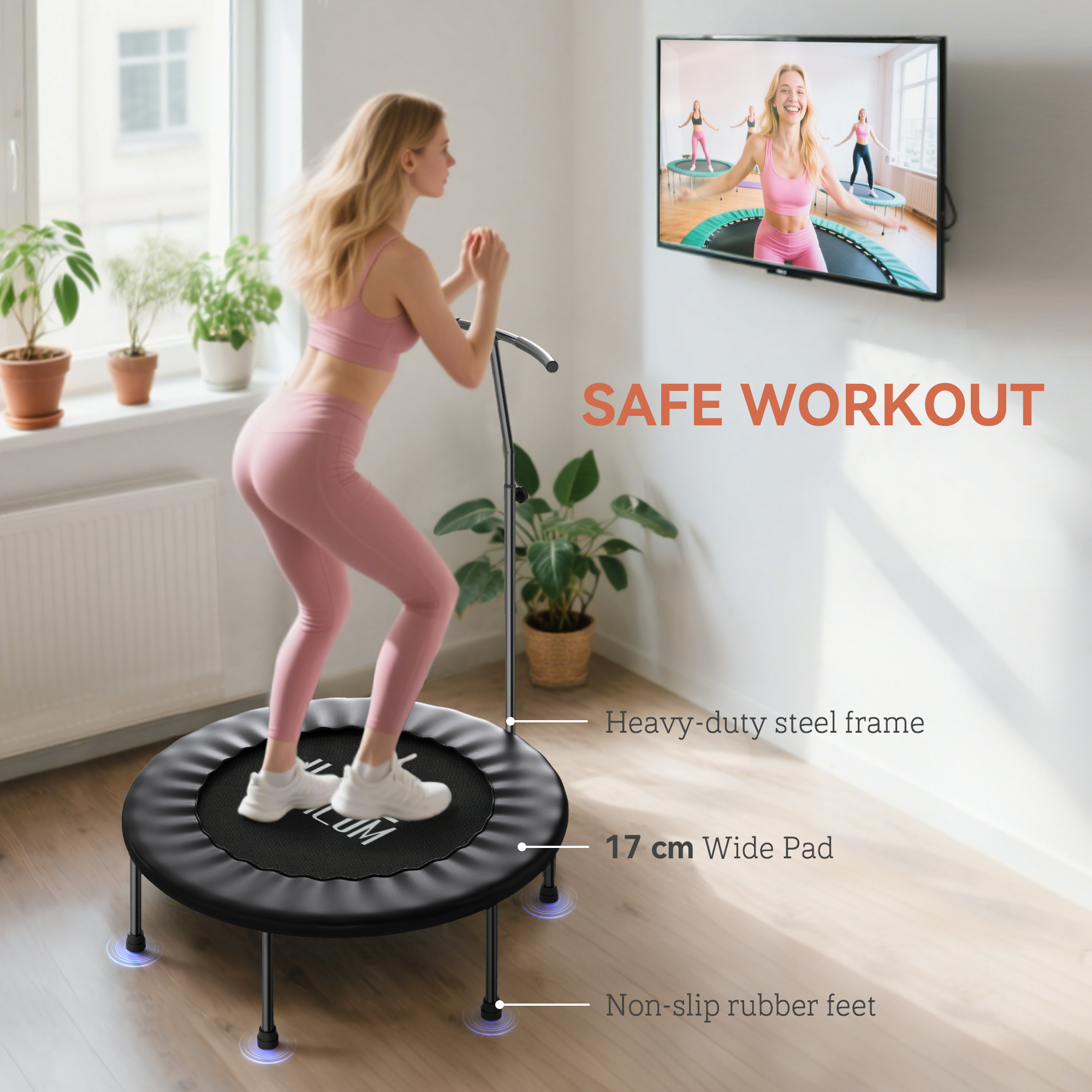HOMCOM 40" Fitness Trampoline with Adjustable Handle, Rebounder Trampoline, Mini Jumper for Indoor Exercise Workout, Black 6