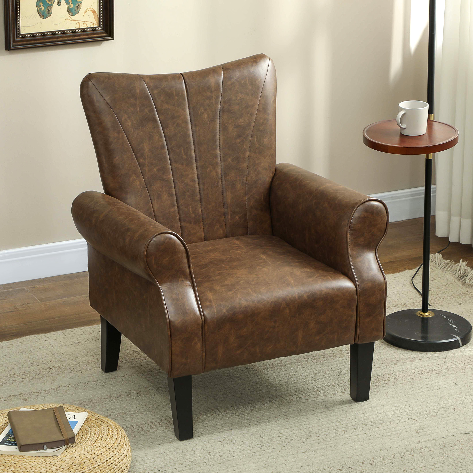 HOMCOM Upholstered Accent Chair with Rolled Arms and Wood Legs, Armchair for Living Room Bedroom, Brown 7