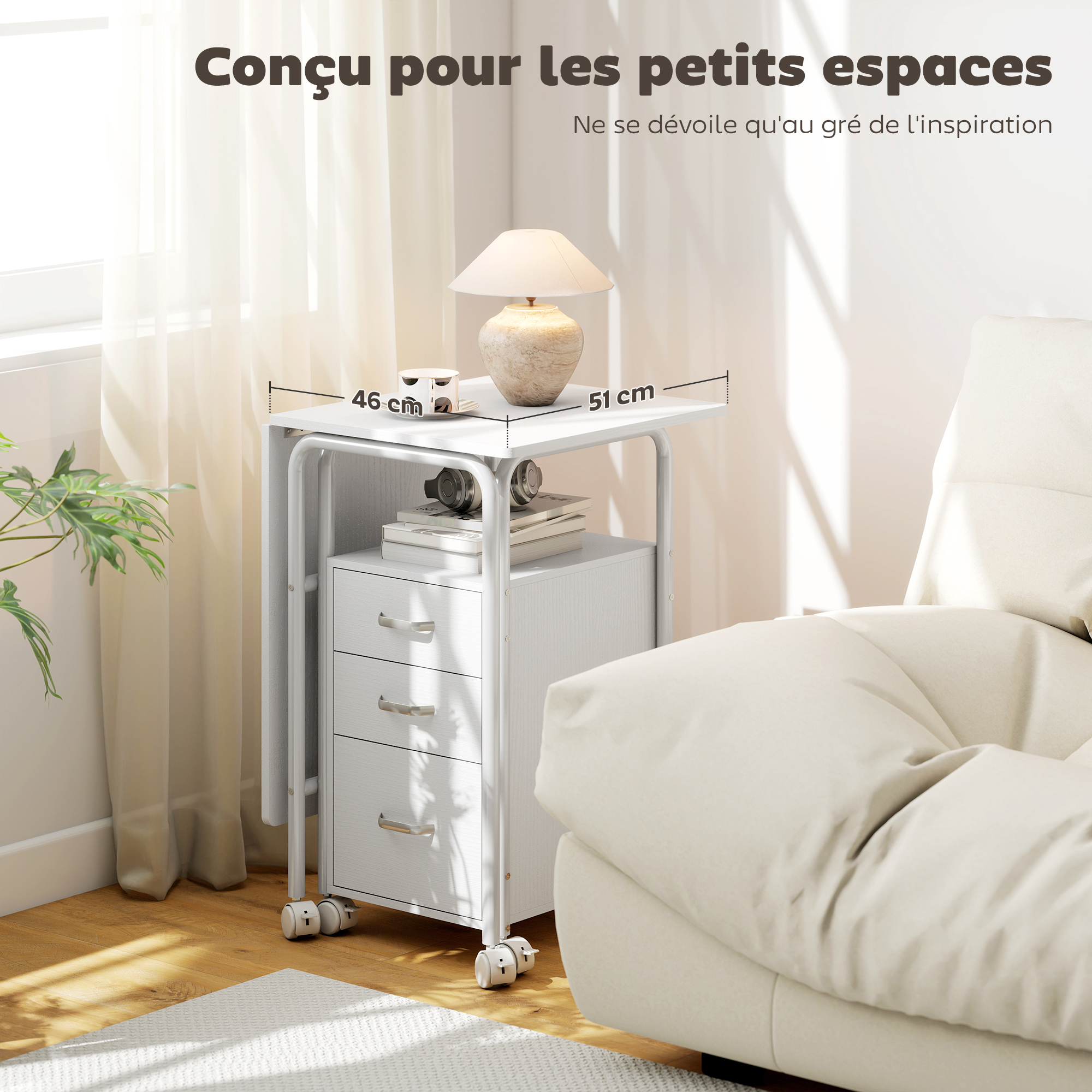 Bureau Ordinateur Avec Plateau Pliable 130x58 Cm - Roulettes, Tiroir, Placard - Blanc HOMCOM