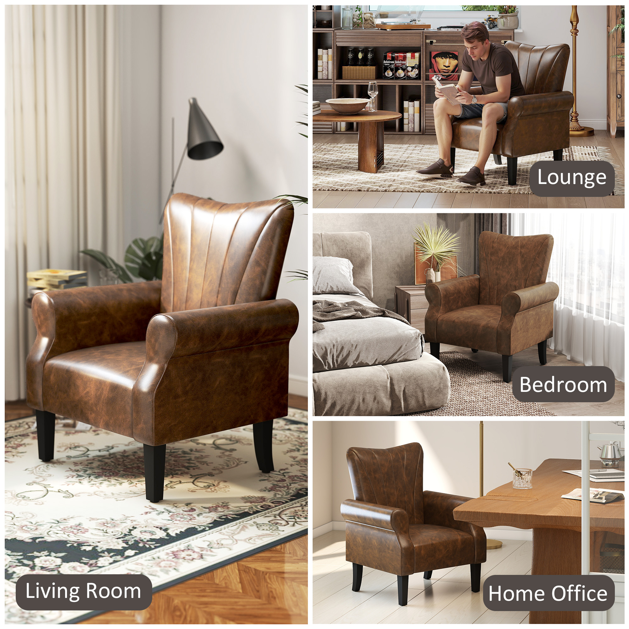 HOMCOM Upholstered Accent Chair with Rolled Arms and Wood Legs, Armchair for Living Room Bedroom, Brown 6