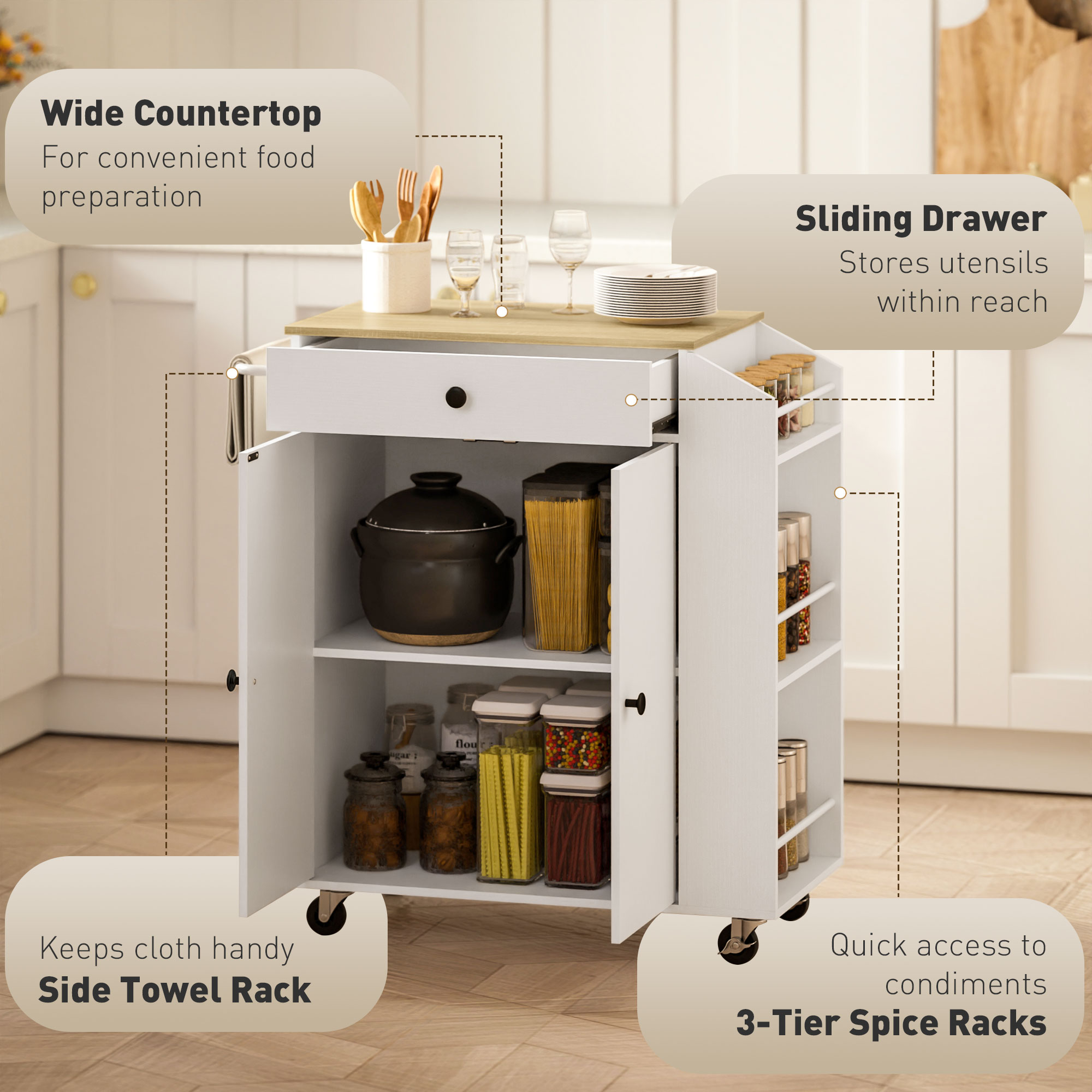 HOMCOM Rolling Kitchen Island with 3-Tier Spice Rack, Kitchen Storage Cart with Drawer and Towel Rack, White 4