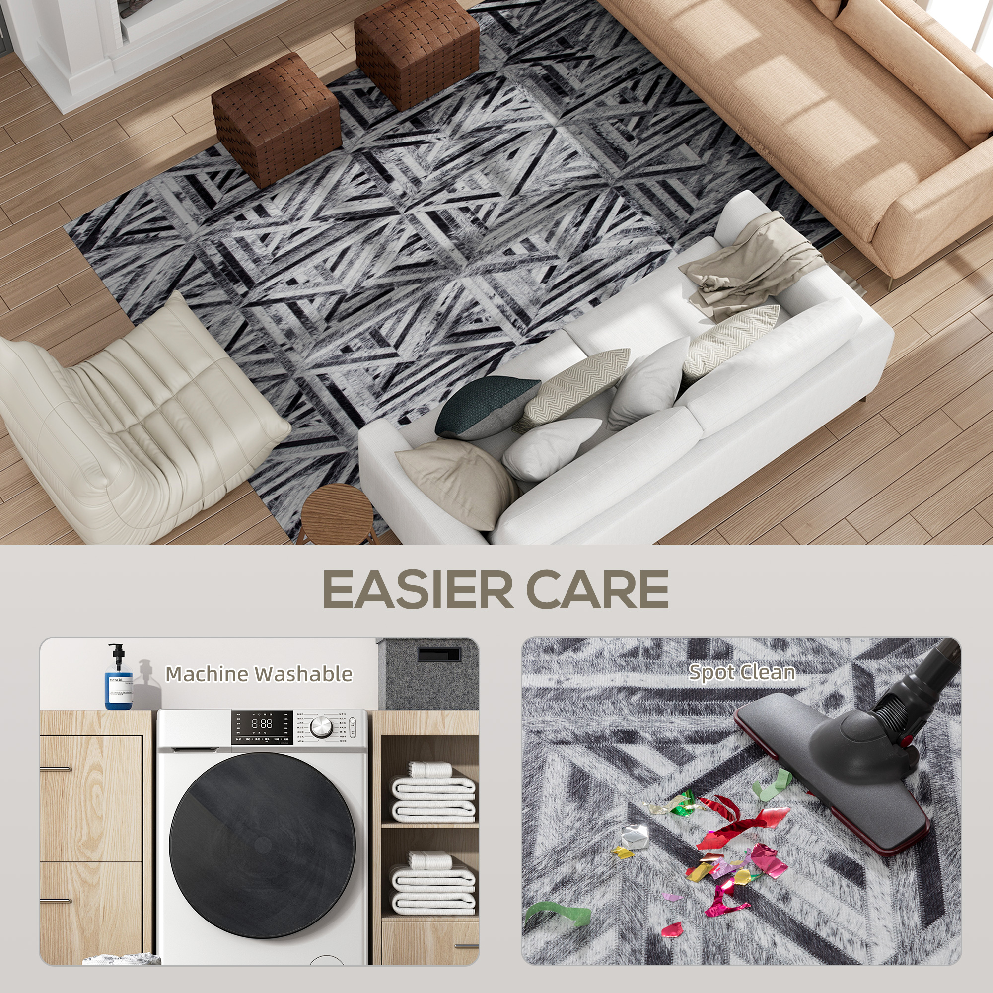 HOMCOM Modern Area Rug, Triangle Pattern Non-Slip Washable Rug, Chenille Floor Carpet for Living Room, Bedroom, Dining Room, Home Office, 290 x 200 cm, Black 5
