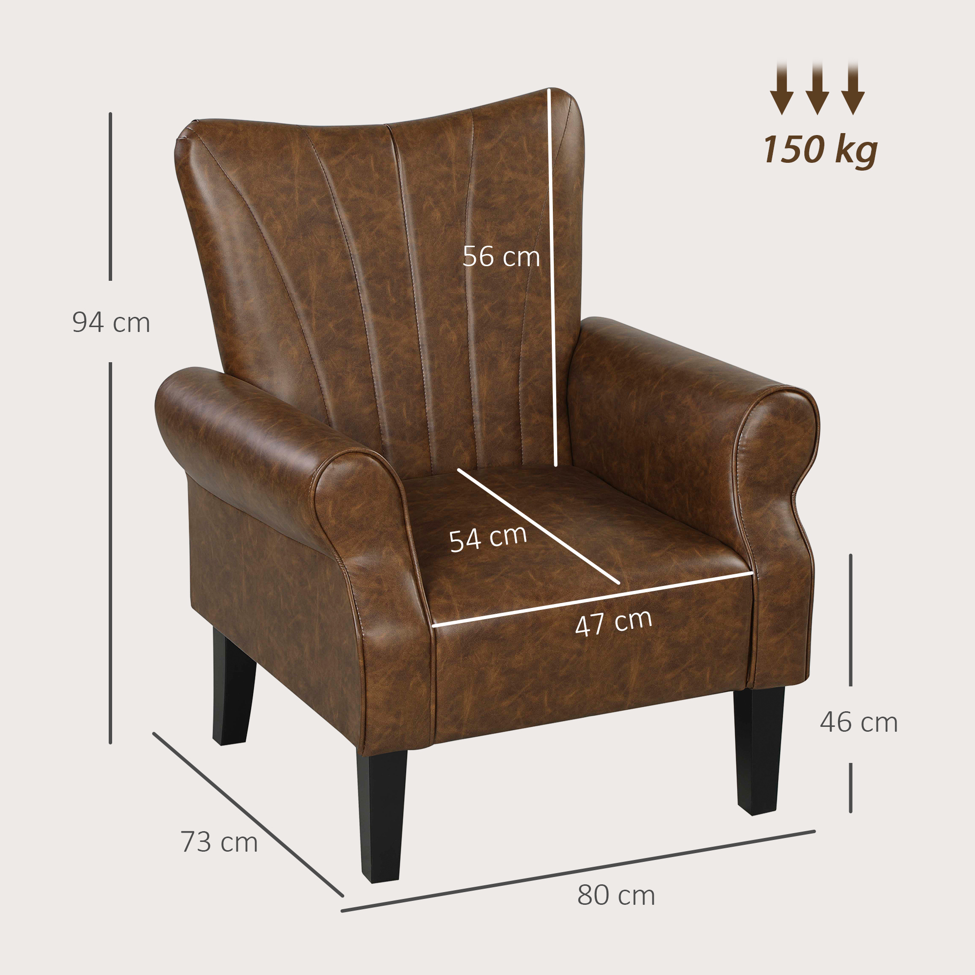 HOMCOM Upholstered Accent Chair with Rolled Arms and Wood Legs, Armchair for Living Room Bedroom, Brown 3