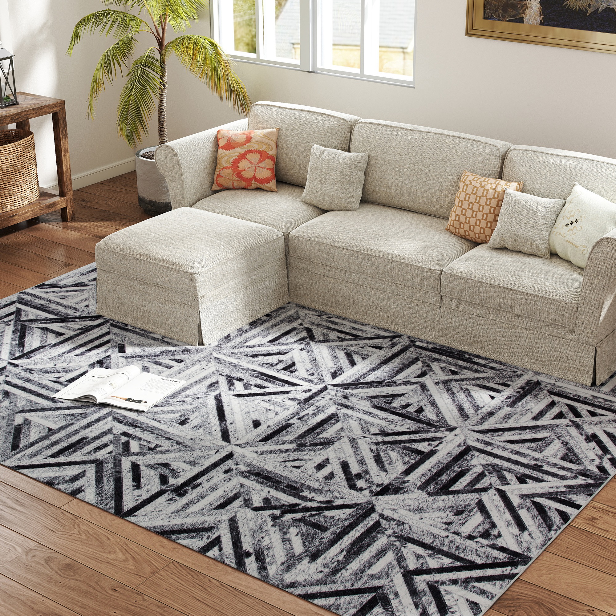 HOMCOM Modern Area Rug, Triangle Pattern Non-Slip Washable Rug, Chenille Floor Carpet for Living Room, Bedroom, Dining Room, Home Office, 290 x 200 cm, Black 8