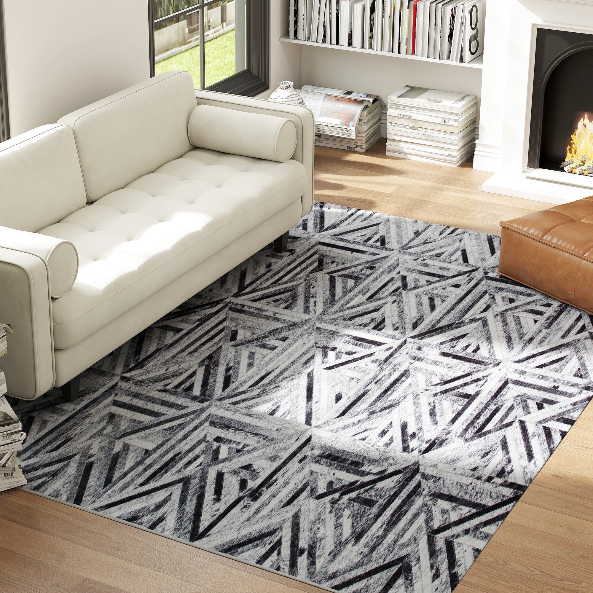 HOMCOM Modern Area Rug, Triangle Pattern Non-Slip Washable Rug, Chenille Floor Carpet for Living Room, Bedroom, Dining Room, Home Office, 290 x 200 cm, Black 2