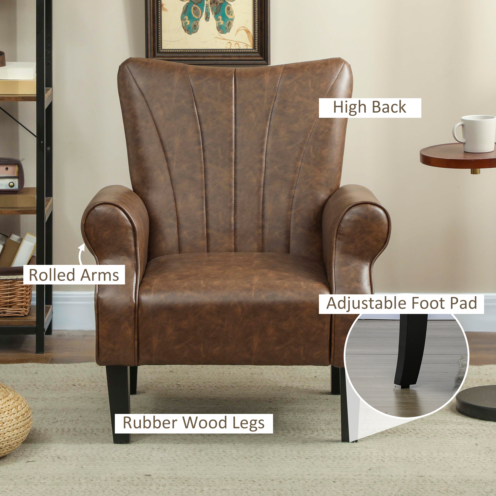 HOMCOM Upholstered Accent Chair with Rolled Arms and Wood Legs, Armchair for Living Room Bedroom, Brown 5