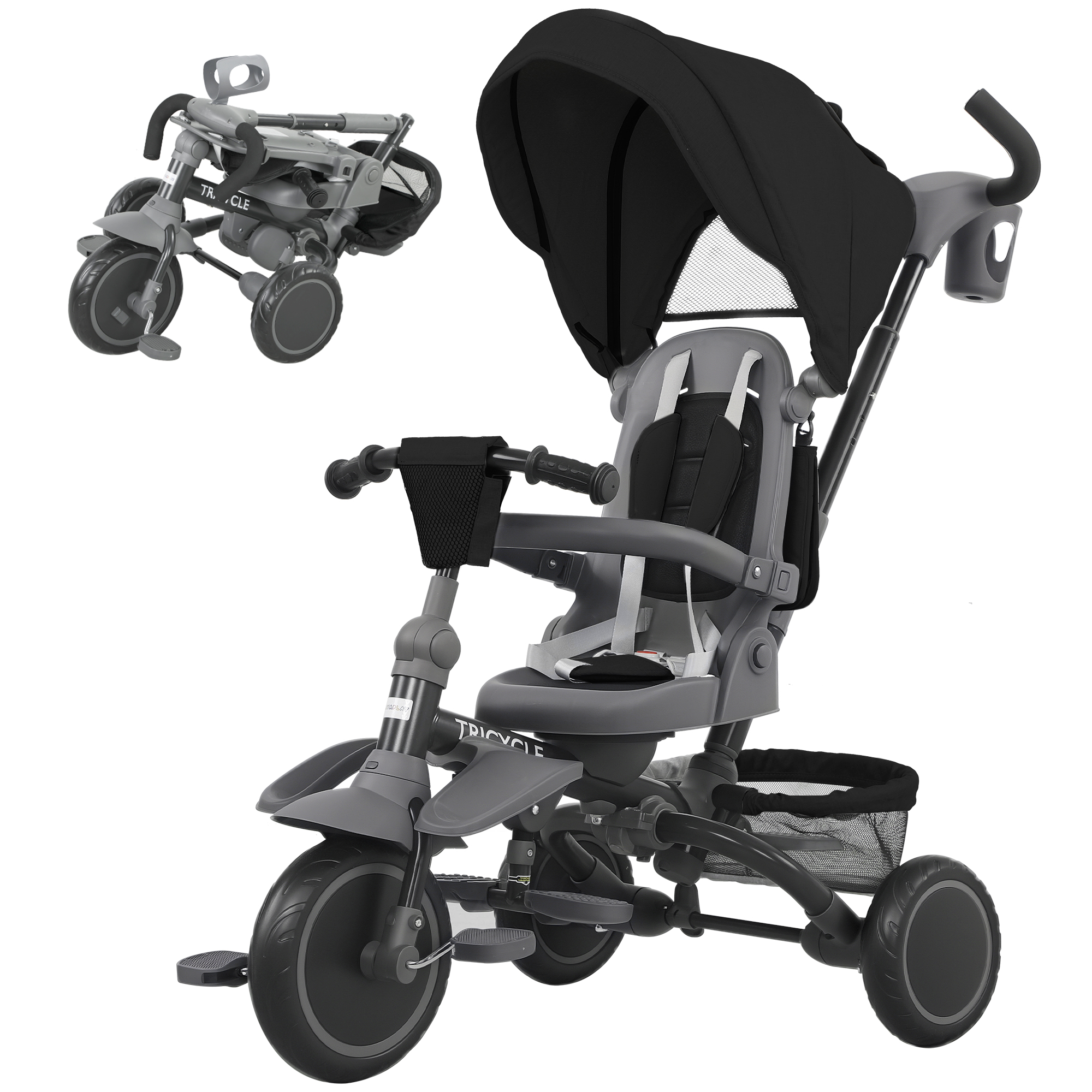 AIYAPLAY Tricycle pour Enfants 6 en 1 avec Poignée de Poussée et Siège Pivotant, 111,5x52x98 cm, Noir