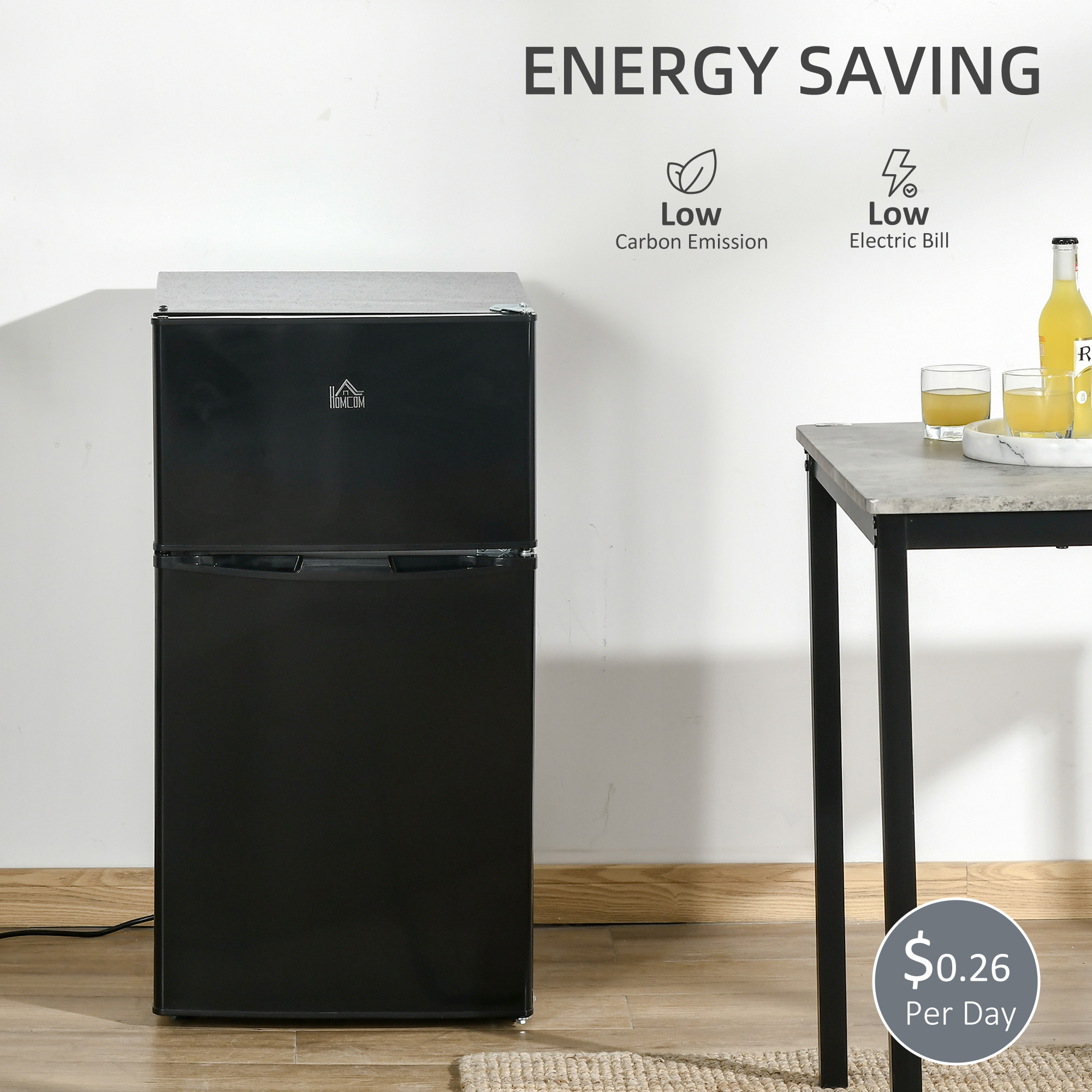 HOMCOM 88L Under Counter Fridge Freezer, Small Refrigerator with 5-Setting, 3 Star Freezer Rating, Black 9