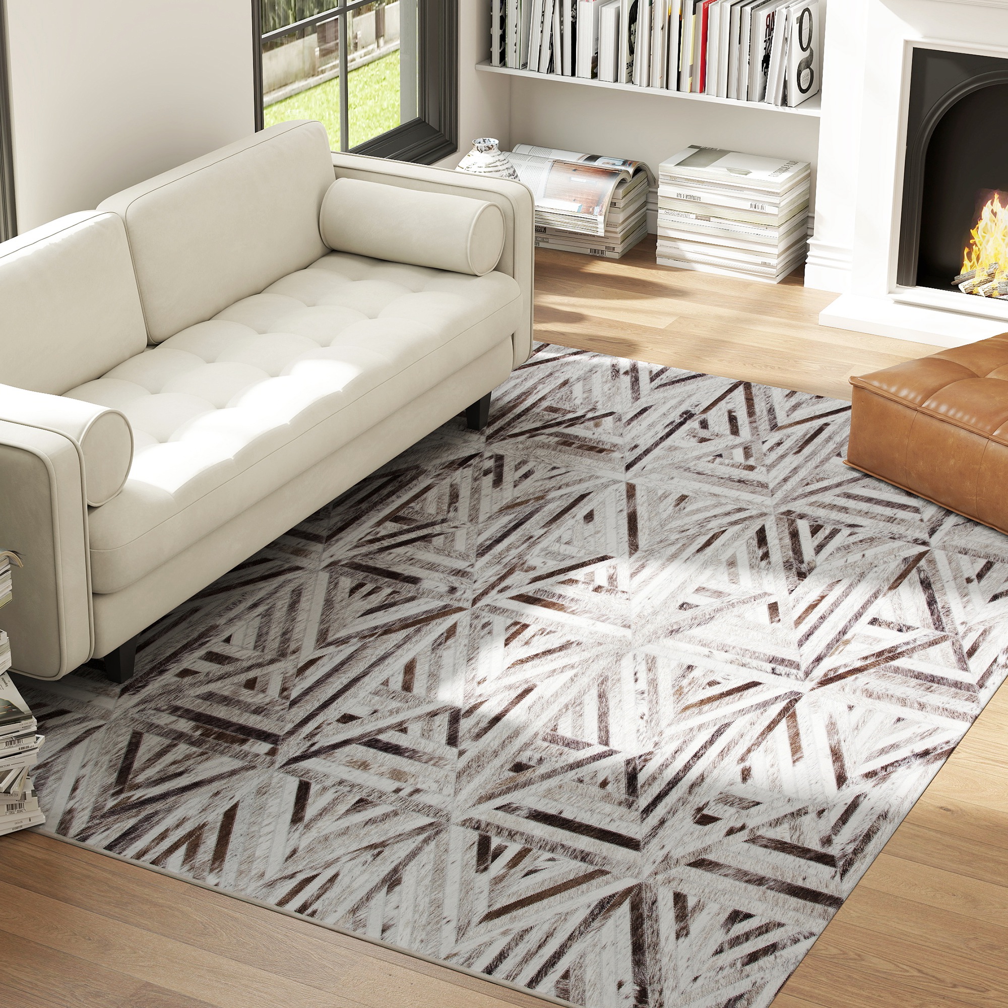 HOMCOM Modern Area Rug, Triangle Pattern Non-Slip Washable Rug, Chenille Floor Carpet for Living Room, Bedroom, Dining Room, Home Office, 290 x 200 cm, Brown 2