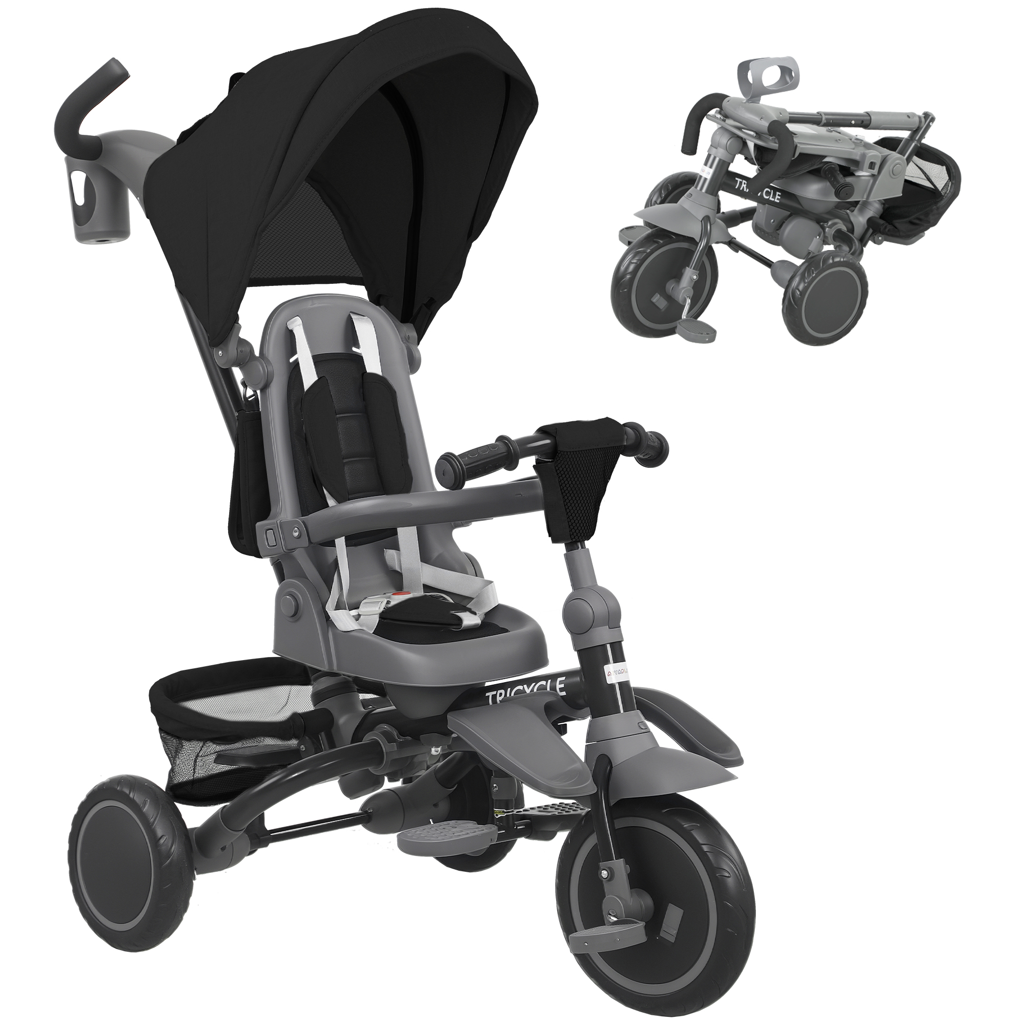 AIYAPLAY Triciclo Evolutivo 6 en 1 Plegable Asiento Giratorio de 360° Mango Parental Respaldo Reclinable Toldo Negro