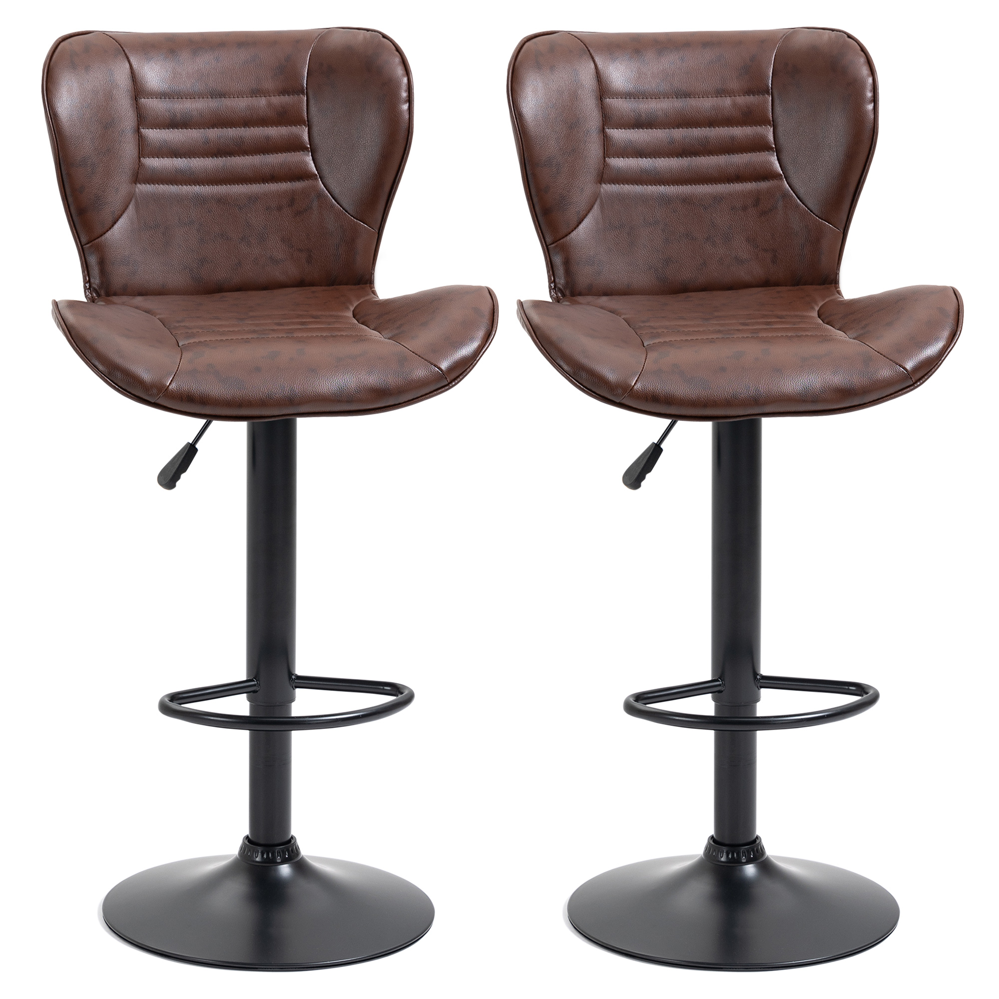 HOMCOM Juego de 2 Taburetes de Bar Tapizado en Cuero Sintético Taburetes Giratorio con Respaldo y Reposapiés 46,5x54x88-108 cm Marrón | Aosom España