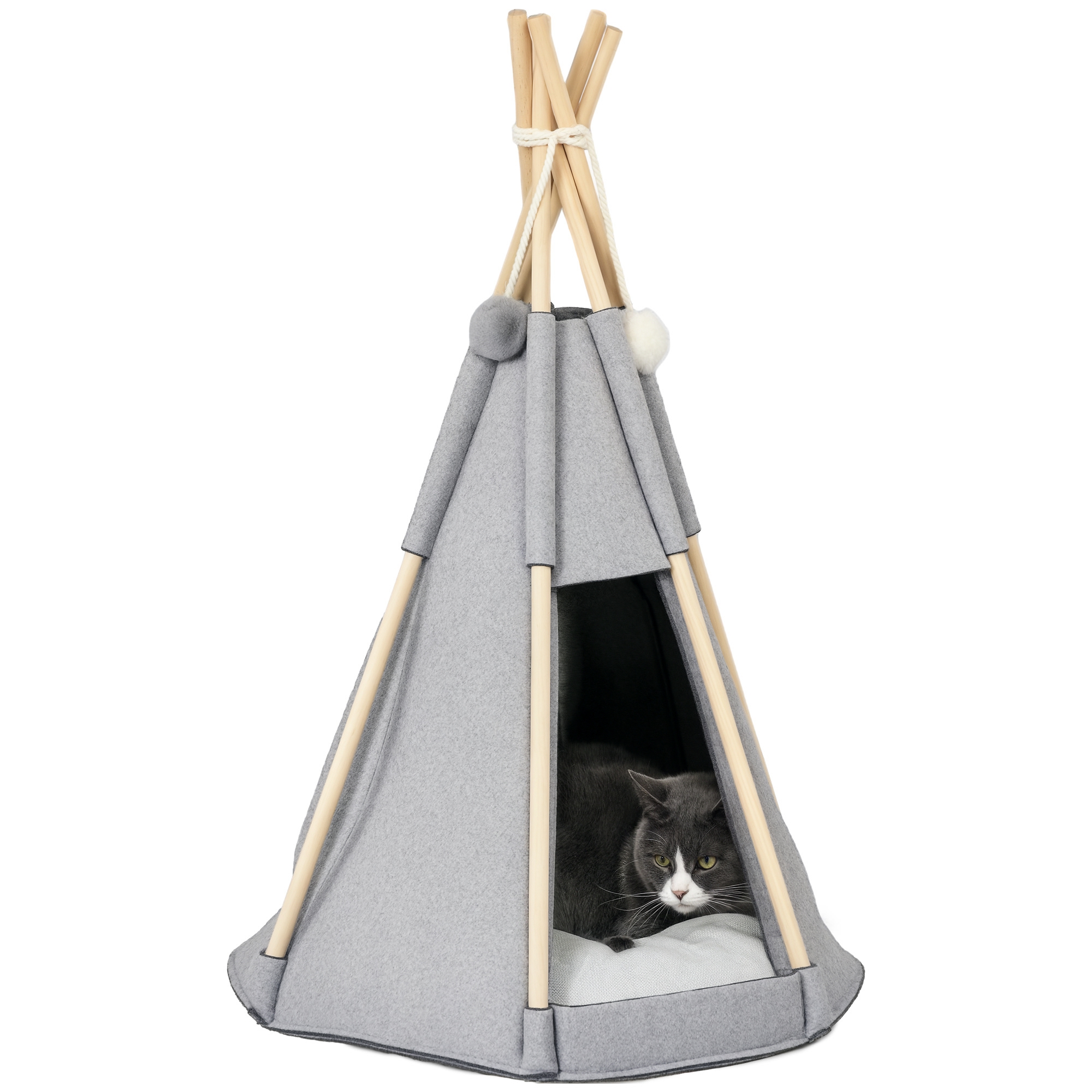 PawHut Tente tipi pour animaux teepee chat ou chien coussin épais 2 pompons inclus structure bois de pin feutrine peluche gris
