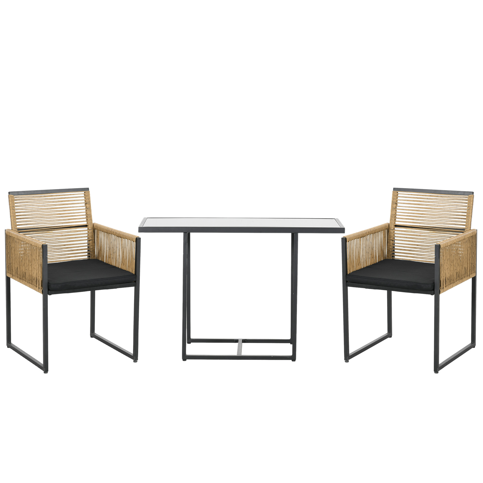 Outsunny Set de Mesa de Cristal y 2 Sillas de Ratán Sintético con Respaldos Plegables Diseño Anidado con Cojines Natural y Negro   Aosom España