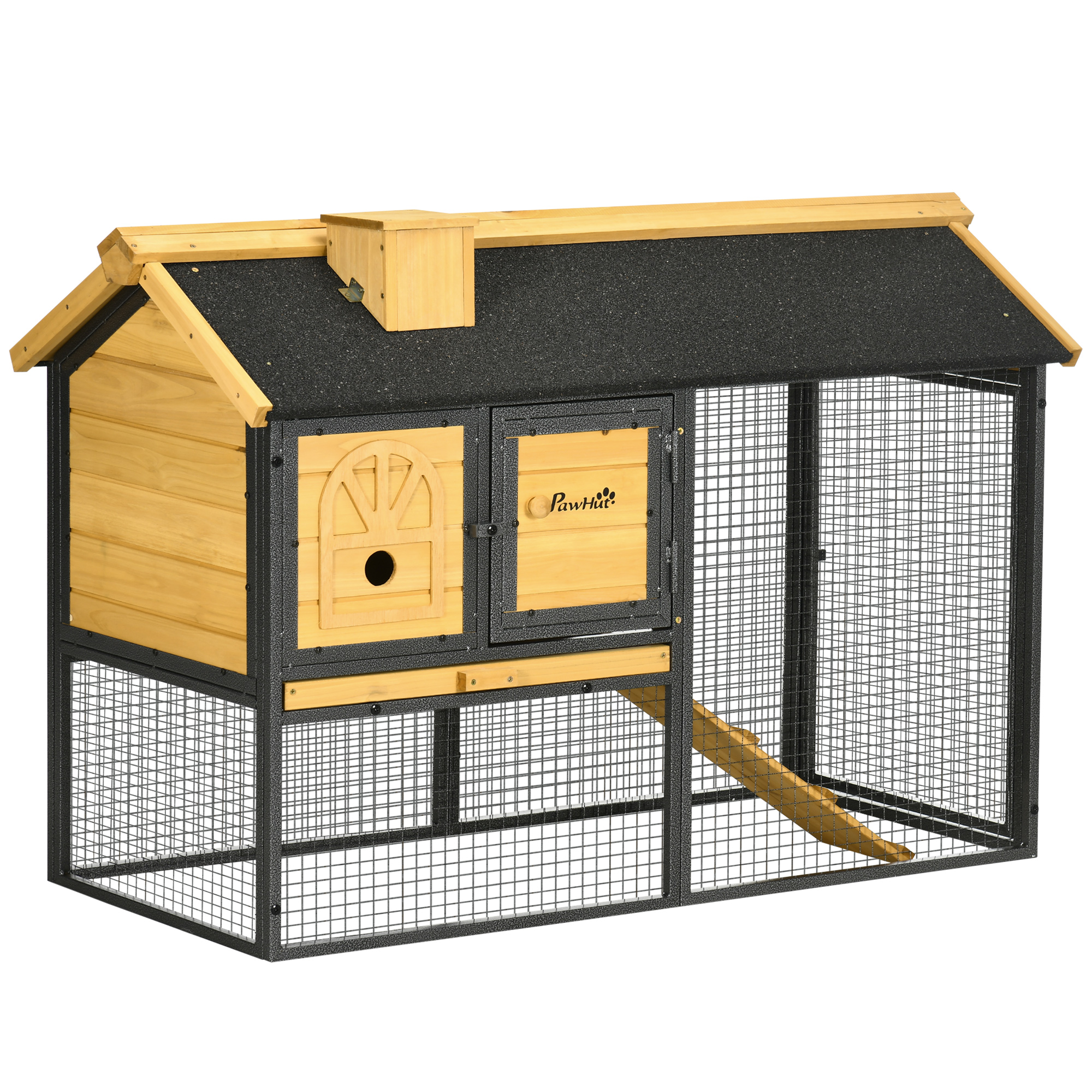 PawHut Clapier Extérieur à 2 Niveaux en Bois de Sapin et Acier avec Plateau Amovible, 120×55.5×80 cm