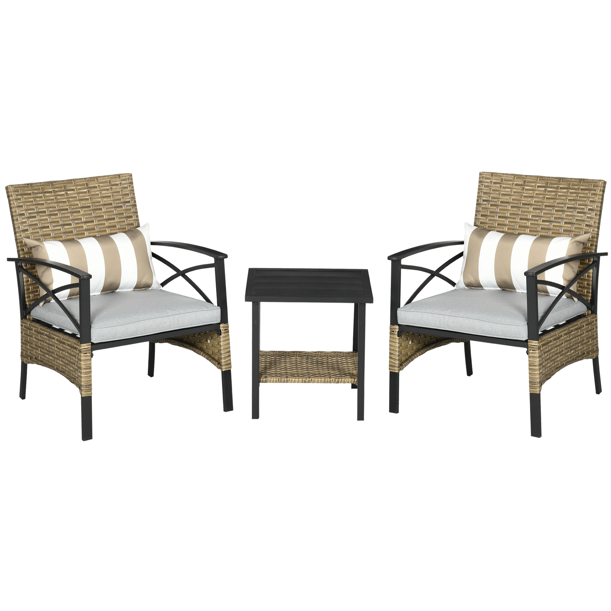 Outsunny Conjunto Mesa y 2 Sillas de Jardín de Ratán Sintético con 2 Cojines Decorativos 46x46x48 cm y 59x71x80 cm Marrón | Aosom España