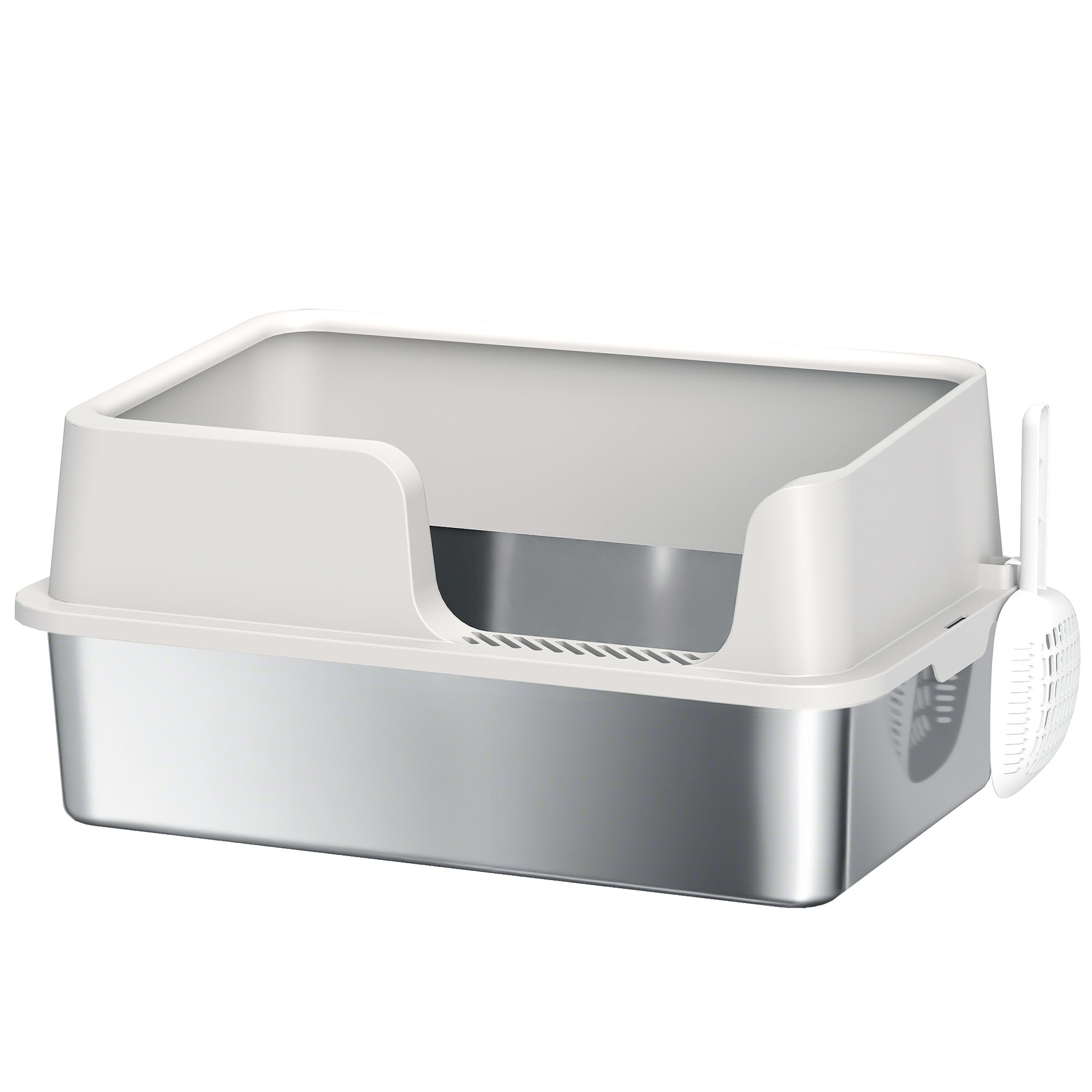 PawHut Stainless Steel Litter Box with Lid, High Wall Sided Enclosure, Pedal, Scoop, Non-Sticky, Anti-Leakage, Easy Cleaning