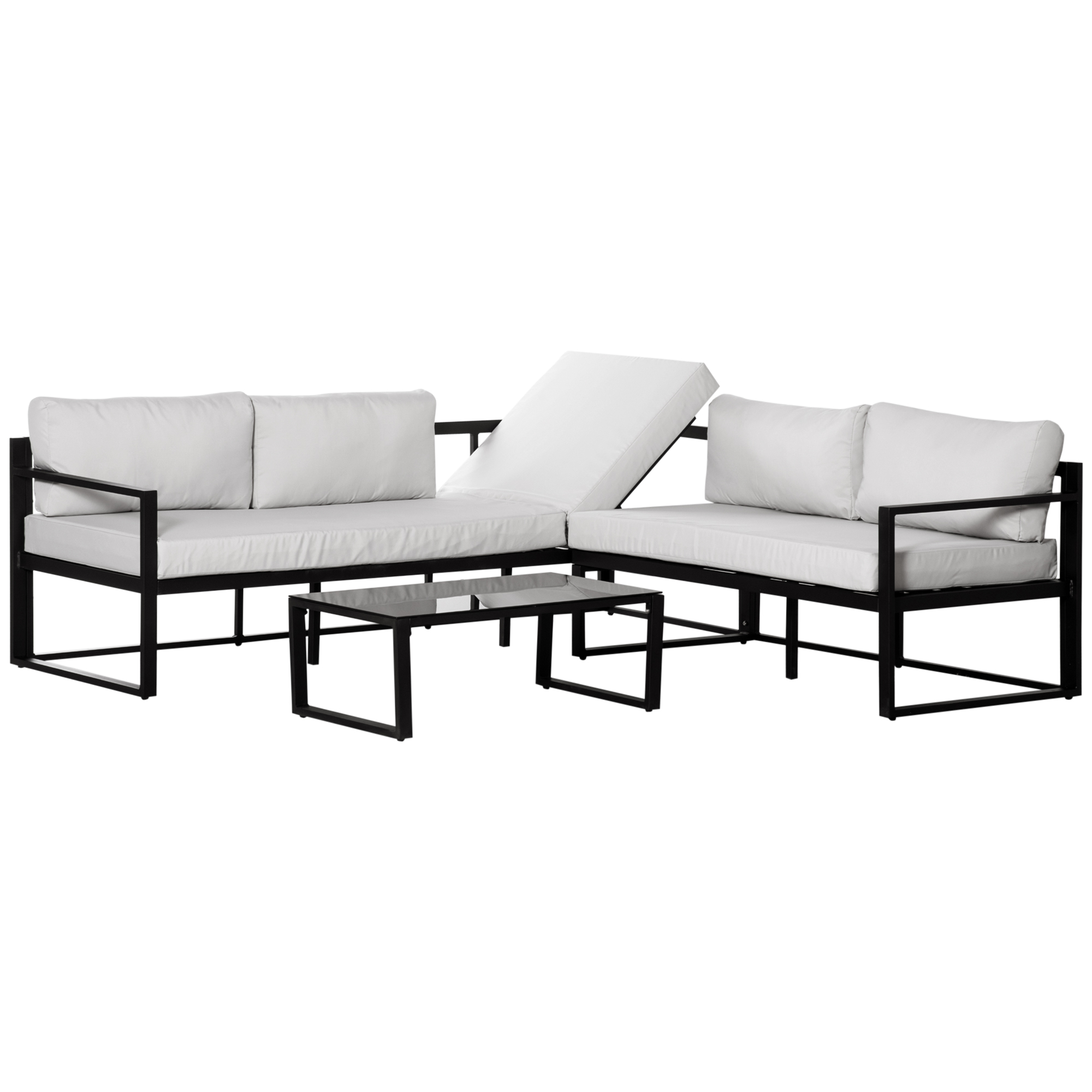 Outsunny Conjunto de Muebles de Jardín 3 Piezas de Aluminio con Mesa de Vidrio 5 plazas Cojines Extraíbles 212x70x64 cm Negro y Gris | Aosom España