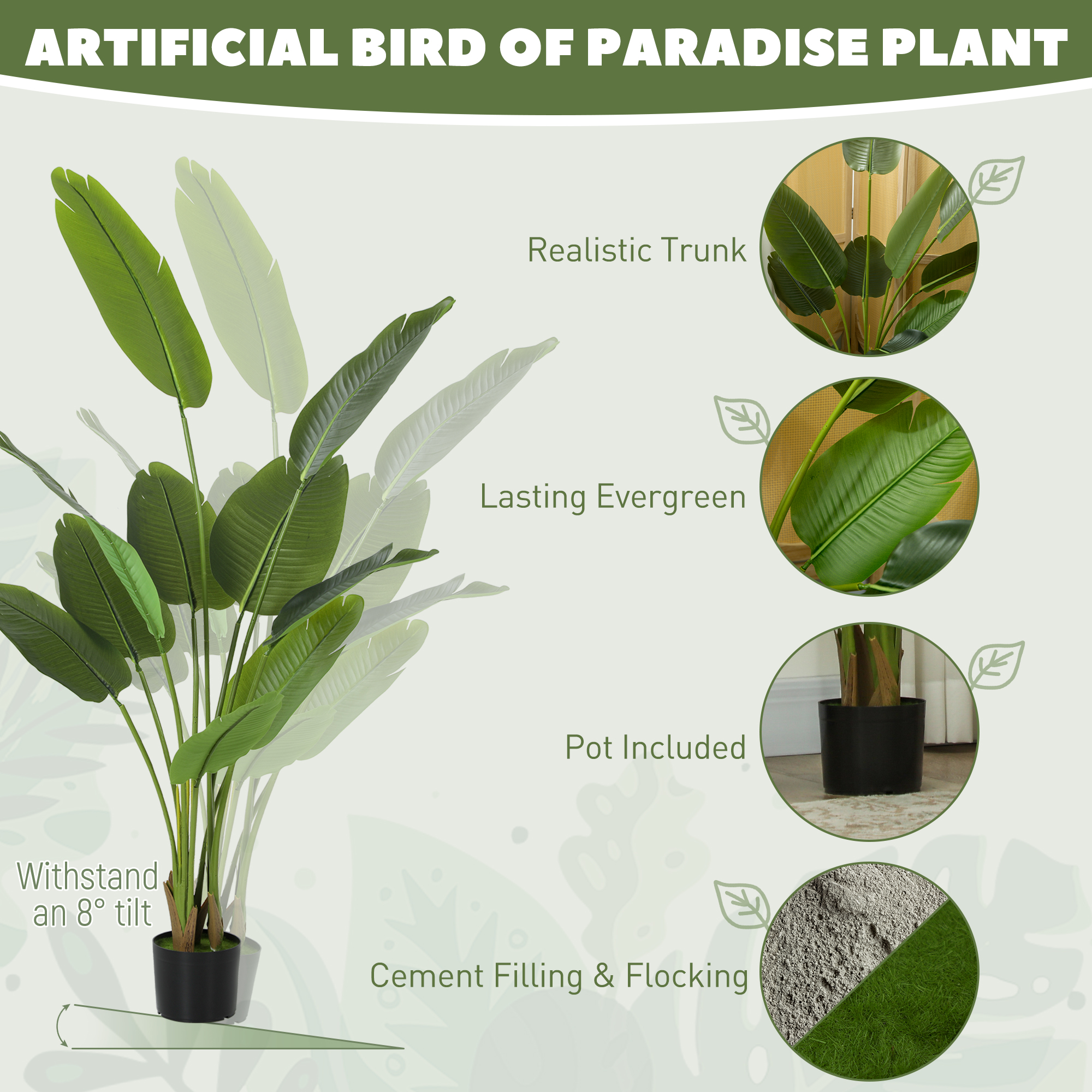 HOMCOM 160cm Tall Artificial Bird of Paradise Plant, Faux Banana Leaf Tree with PEVA Leaves and Flocking, Decorative Palm Tree in Pot for Home Office Decor, Green 4