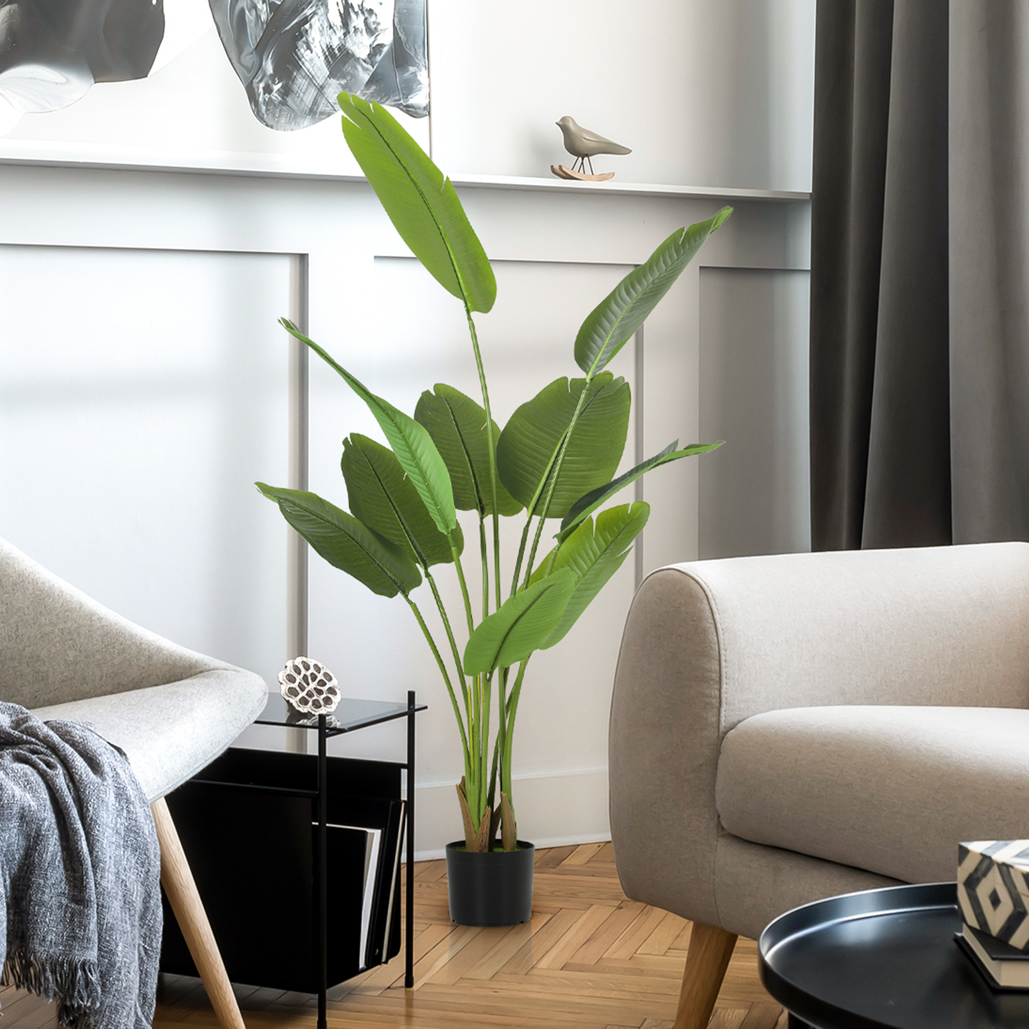 HOMCOM 160cm Tall Artificial Bird of Paradise Plant, Faux Banana Leaf Tree with PEVA Leaves and Flocking, Decorative Palm Tree in Pot for Home Office Decor, Green 7