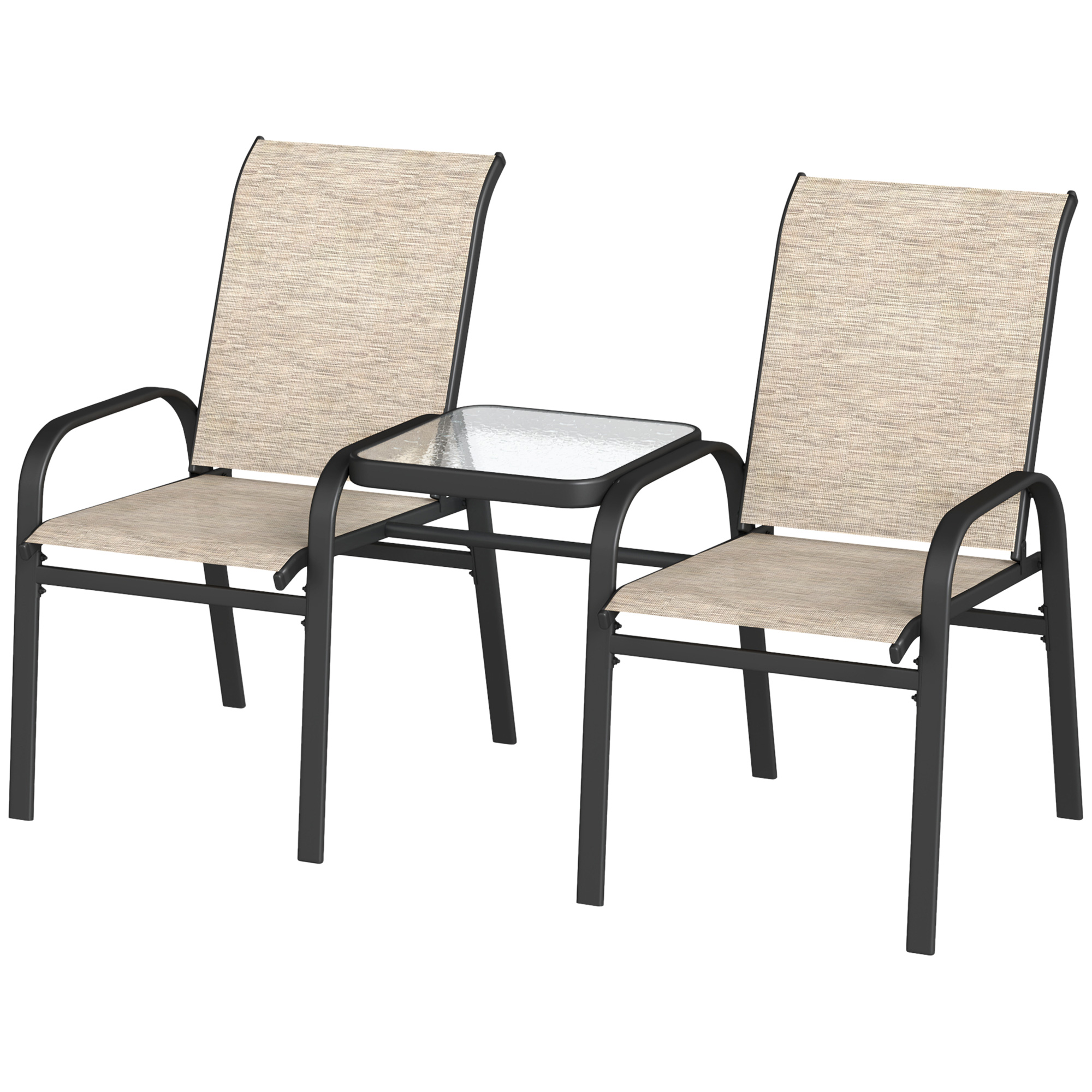 Outsunny Banc de Jardin 2 Places avec Accoudoirs, Dossier Haut et Table Basse Centrale en Verre, Marron et Noir