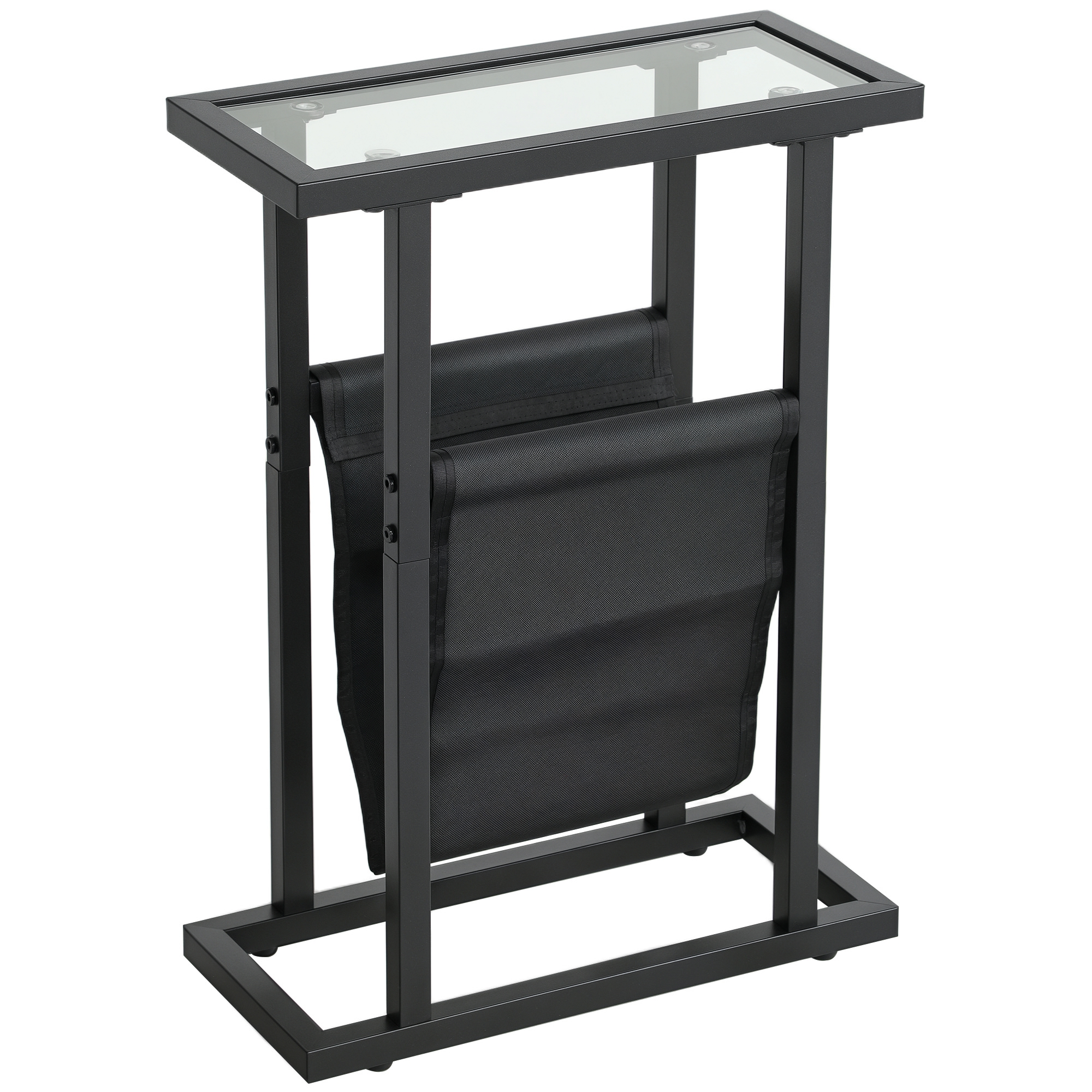HOMCOM Table D'Appoint Étroite En Métal Noir - Bout De Canapé Avec Porte-Revue Et Plateau Verre Trempé, 40x18x55.5cm