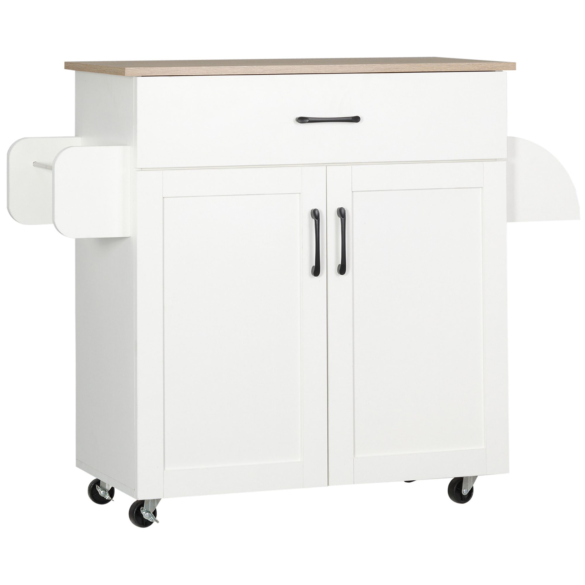 HOMCOM Carro de Cocina Multifuncional con Ruedas, 1 Cajón, 2 Puertas, Barra de Colgar, Especiero 105x36x85 cm Blanco | Aosom España