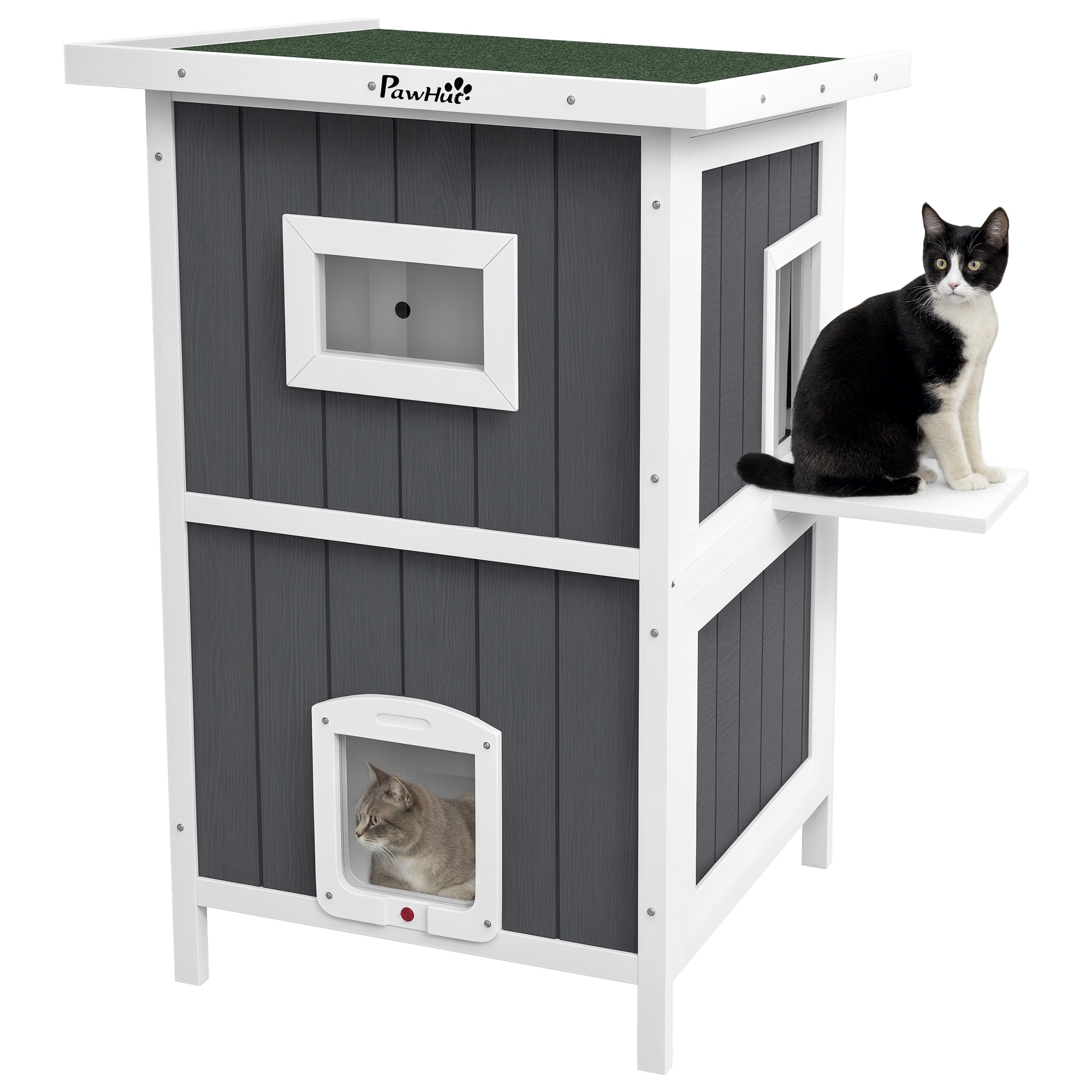 PawHut Cuccia per Gatti da Esterno in Legno a 2 Livelli con Tetto i...