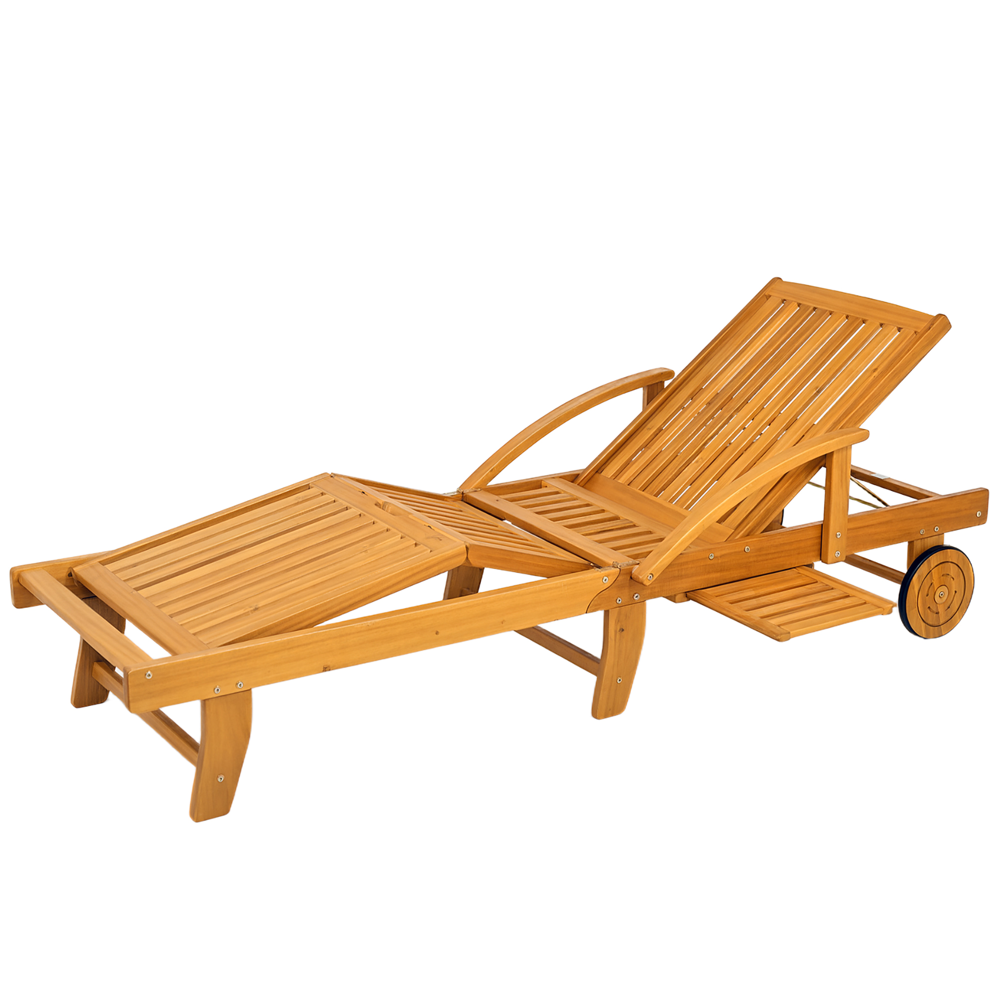 Outsunny Transat en bois, canapé de jardin pliable avec table latérale, roues, dossier ajustable en 4 positions Teck