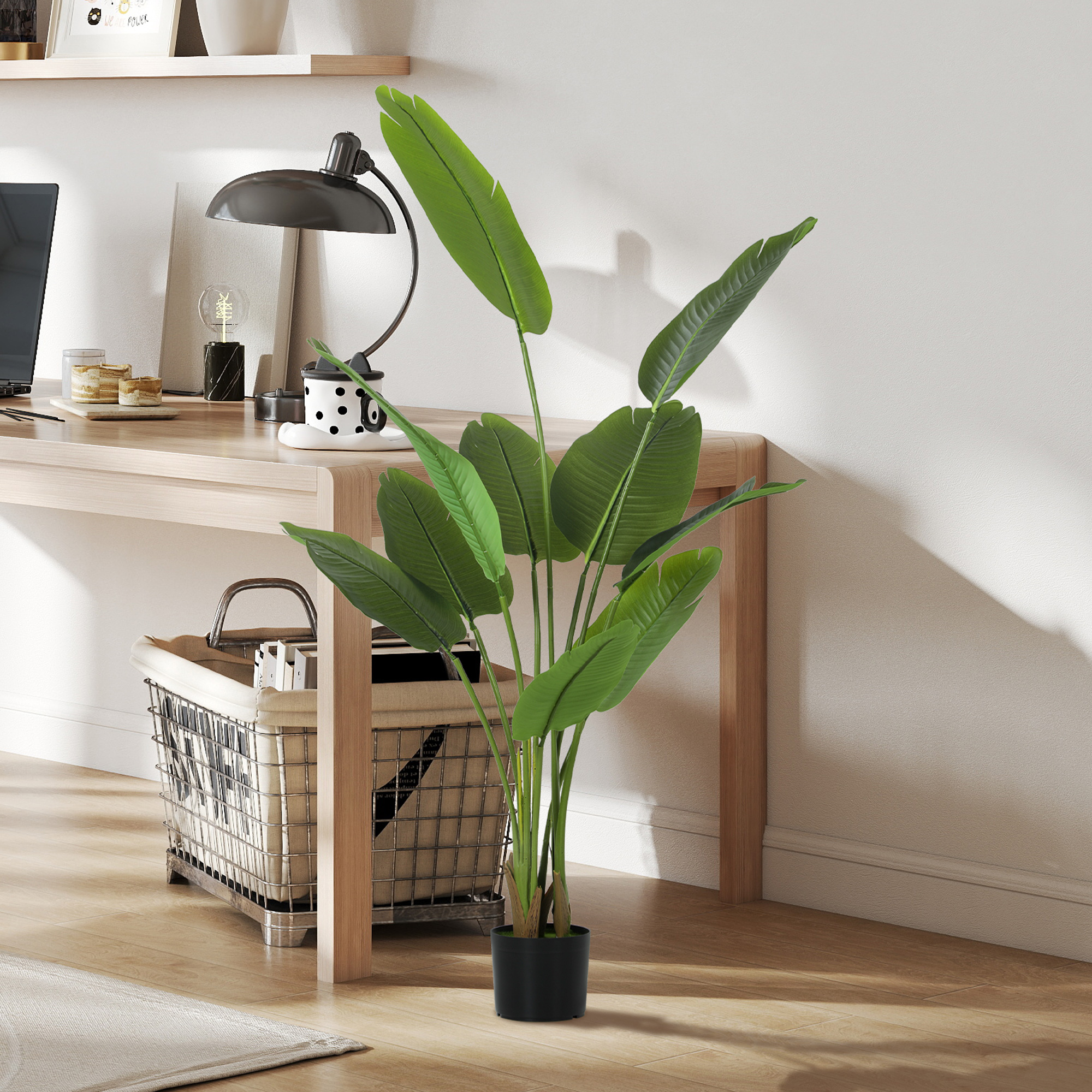 HOMCOM 160cm Tall Artificial Bird of Paradise Plant, Faux Banana Leaf Tree with PEVA Leaves and Flocking, Decorative Palm Tree in Pot for Home Office Decor, Green 9