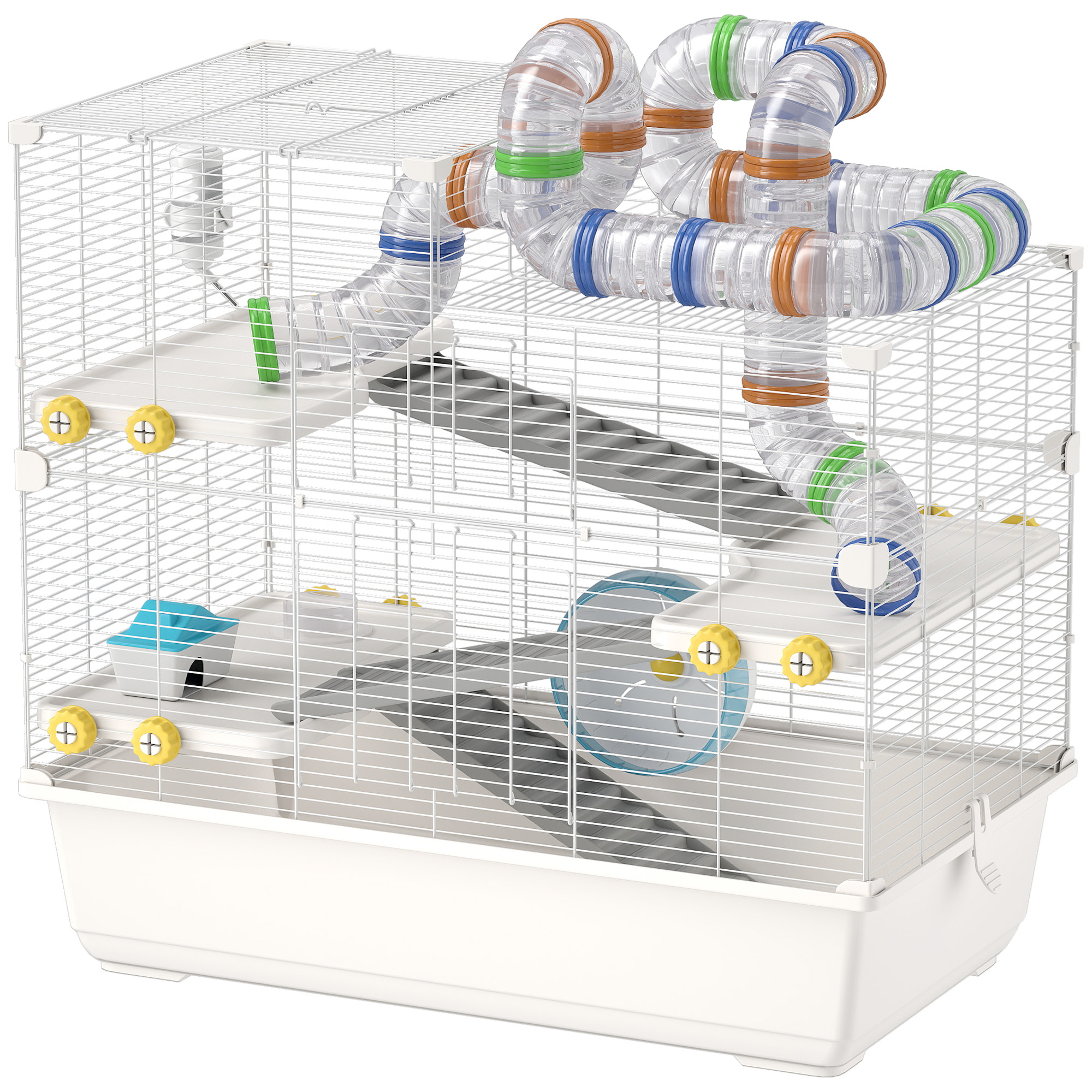 Comparer les prix de PawHut Cage pour Hamsters à 4 Niveaux avec Tubes, Roue, 3 Portes et Plateau, en Métal, PP et PS, 78x45x73 cm, Blanc