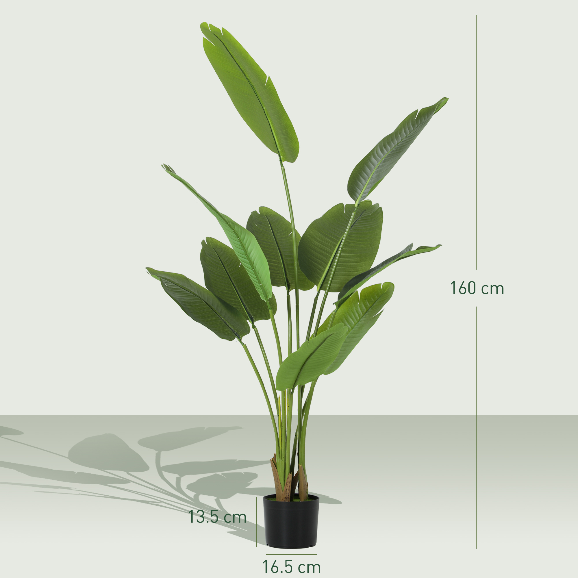 HOMCOM 160cm Tall Artificial Bird of Paradise Plant, Faux Banana Leaf Tree with PEVA Leaves and Flocking, Decorative Palm Tree in Pot for Home Office Decor, Green 3