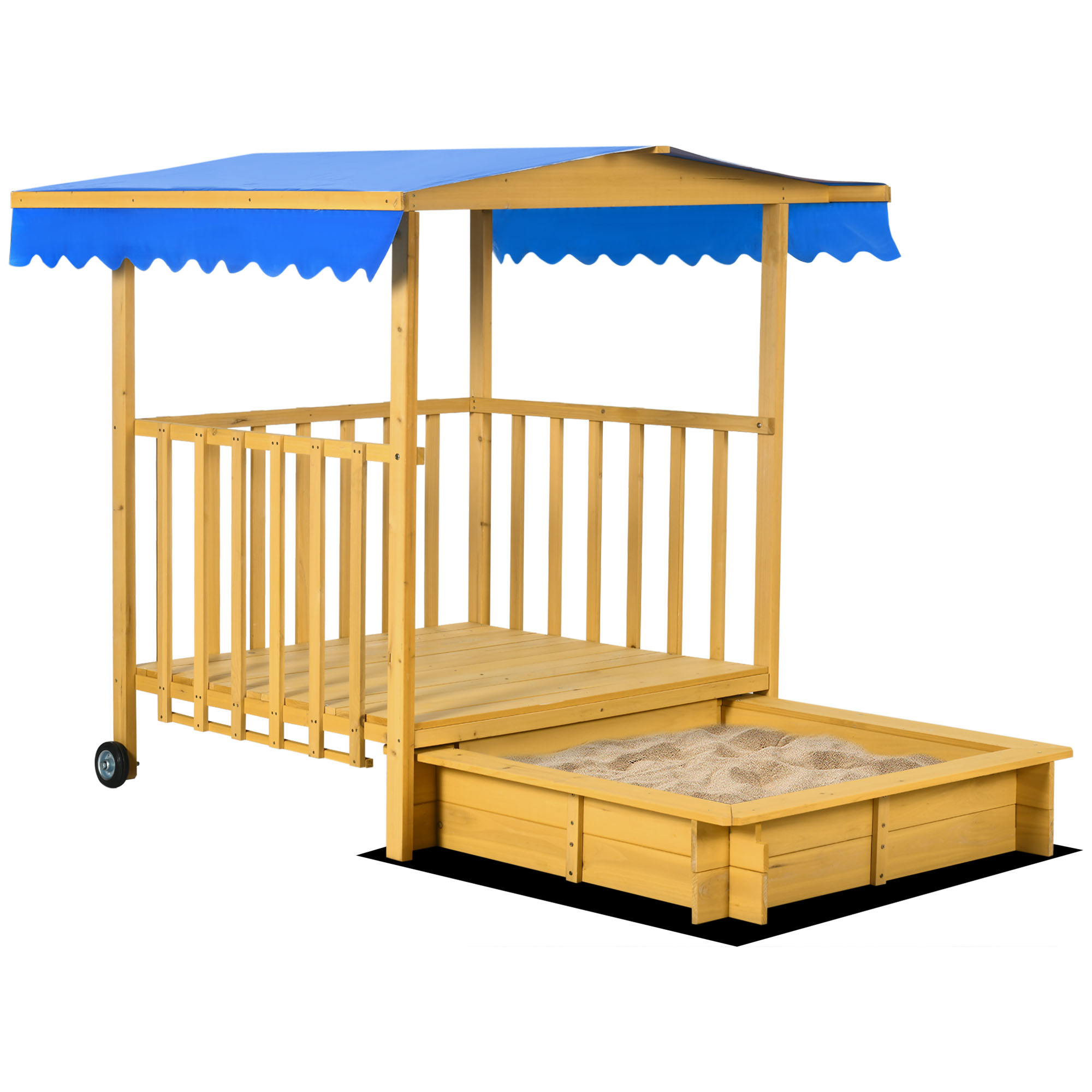 Outsunny Arenero para Niños Veranda de Madera con Techo y Ruedas Juego para Niños de 3-8 Años para Jardín 133x129x137,5cm Natural | Aosom España