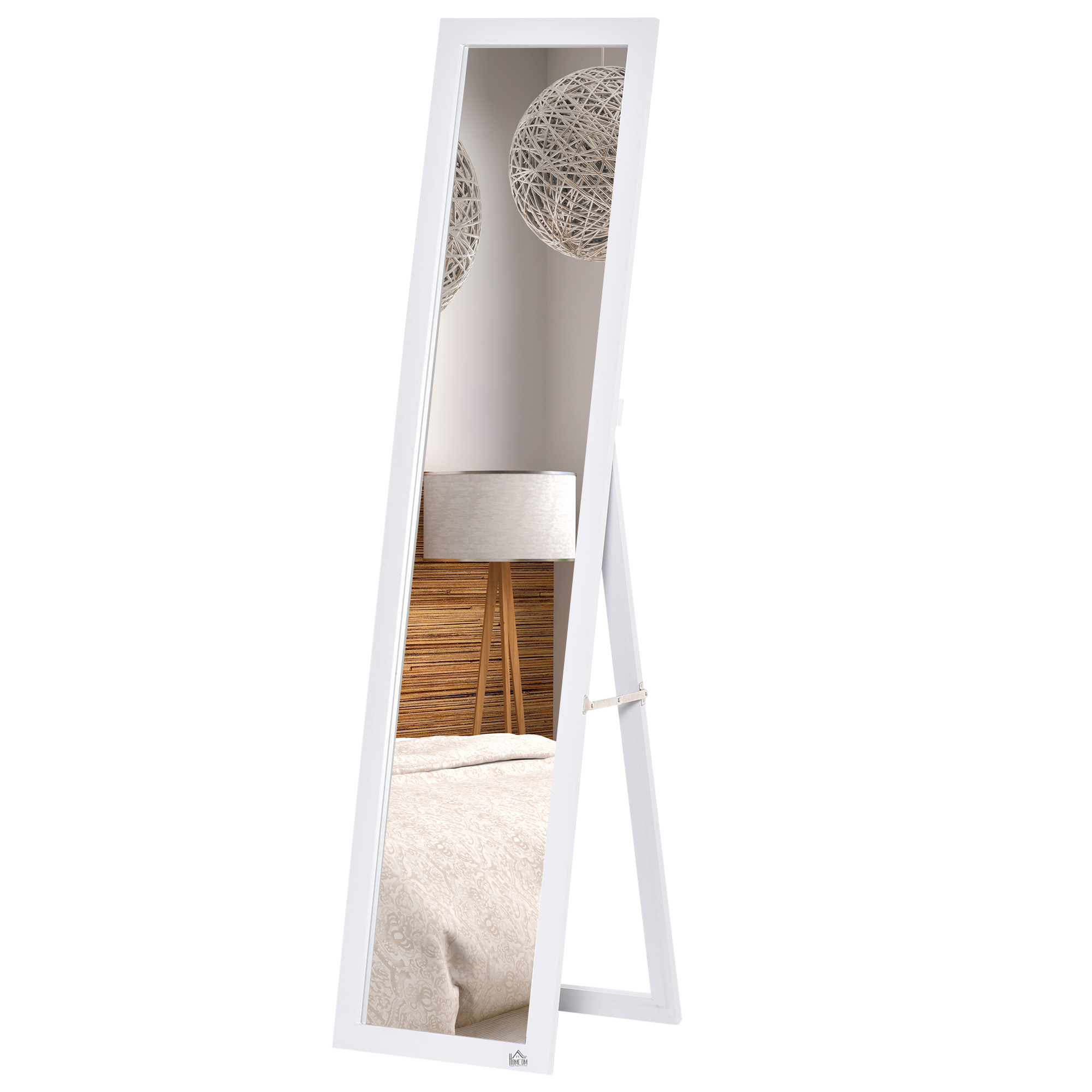 HOMCOM Miroir sur Pied à Figure Intégrale avec Support Pliable et Trous de Montage, en Bois et Verre, 37x37x154 cm, Blanc