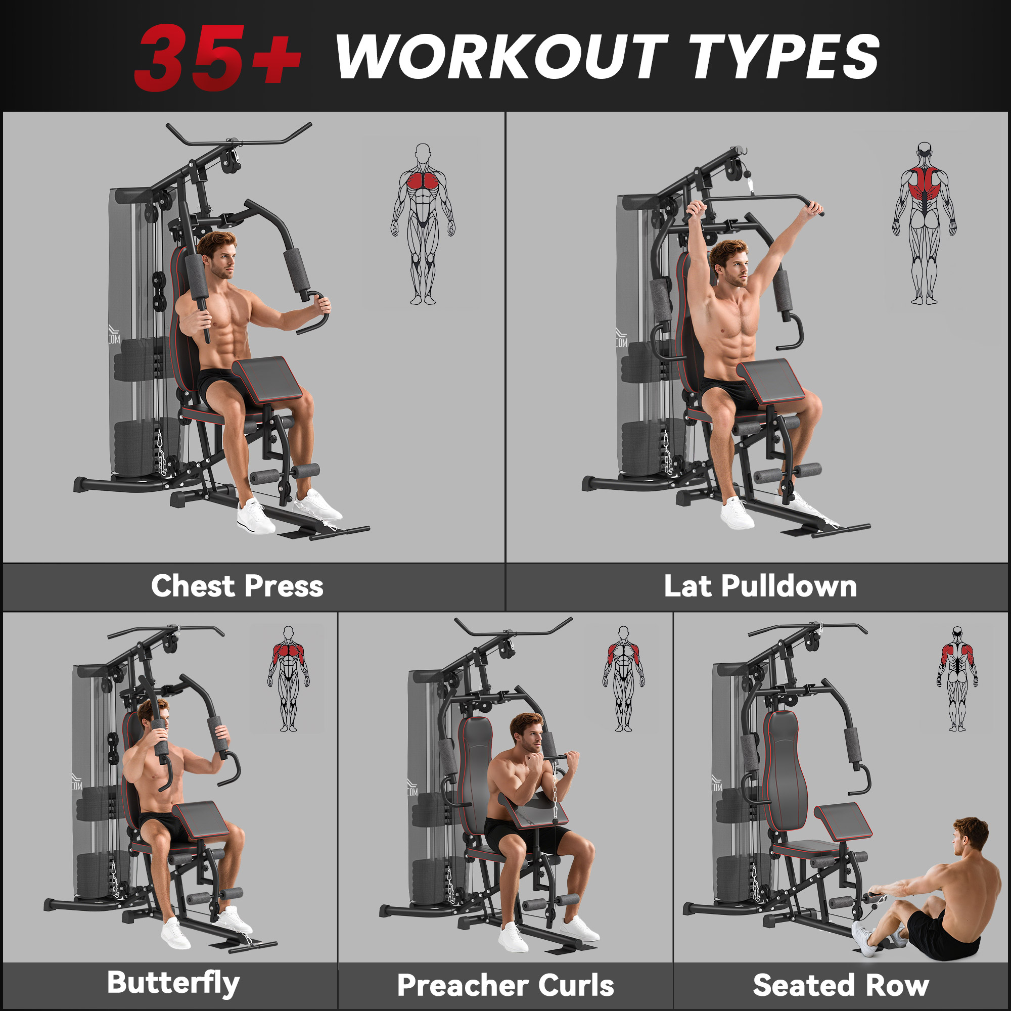 HOMCOM Multifunctional Home Gym Equipment Workout Station, Chest Station, Butterfly Press & Leg Developer, 45kg Weight Stack Multi Gym Machine Fitness Equipment for Full Body Fitness 4